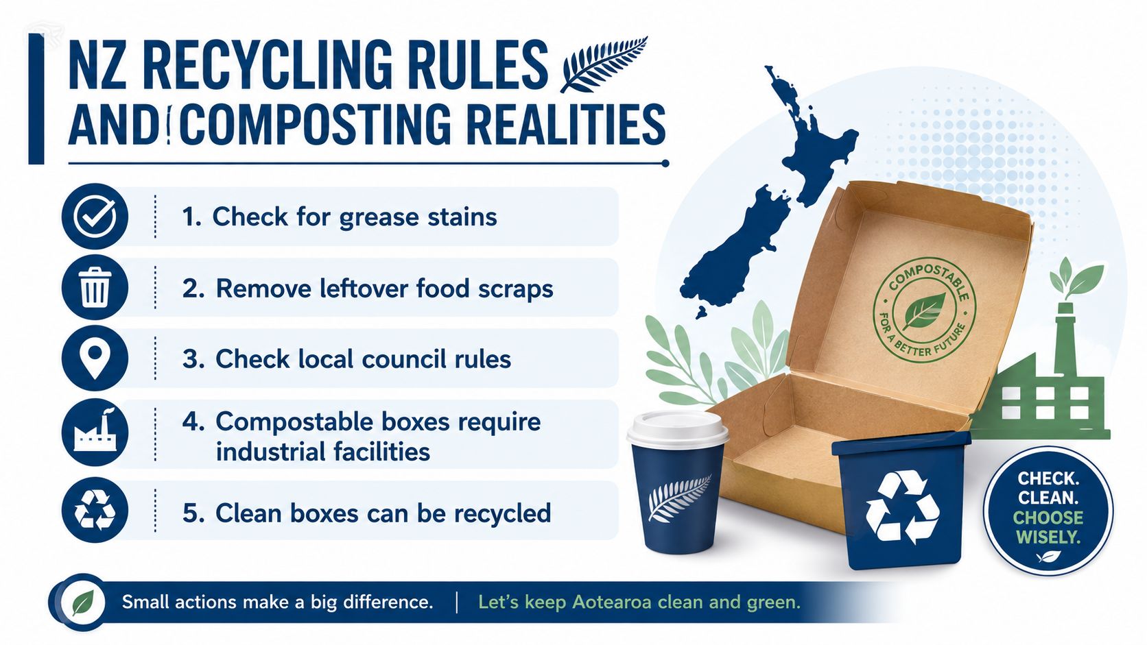 A New Zealand infographic explaining recycling and composting rules for food containers and takeaway pizza boxes.