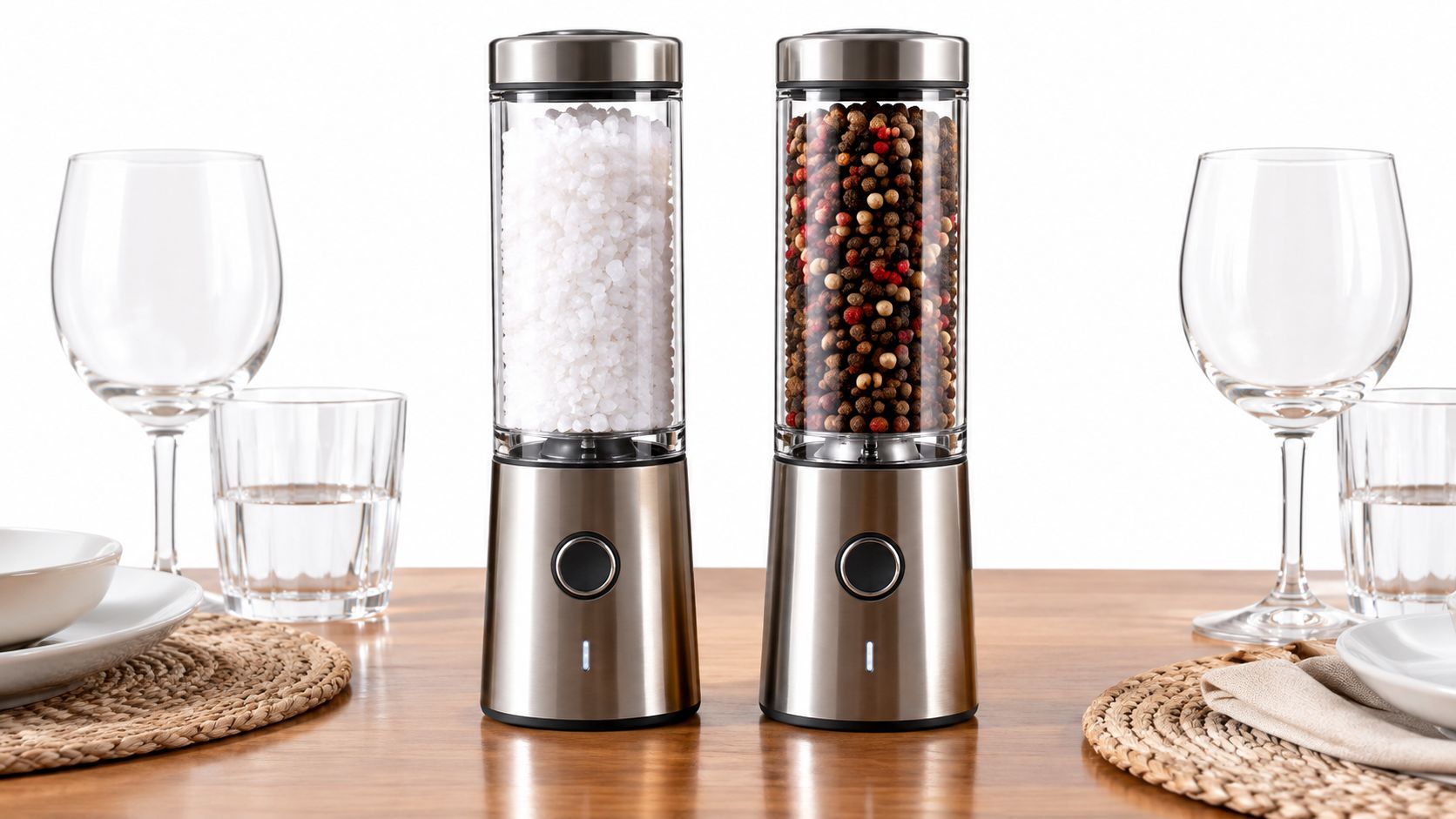 Two modern electric salt and pepper grinders made of stainless steel placed on a wooden dining table.