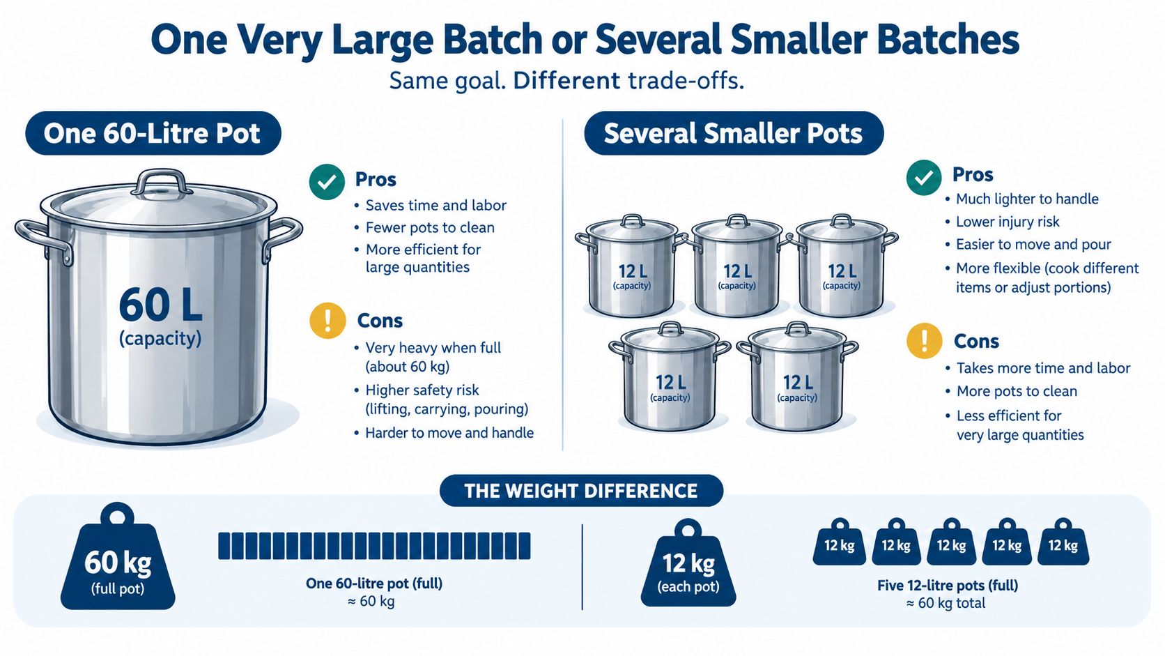 An infographic comparing the pros and cons of using one large 60-litre pot versus several smaller pots.
