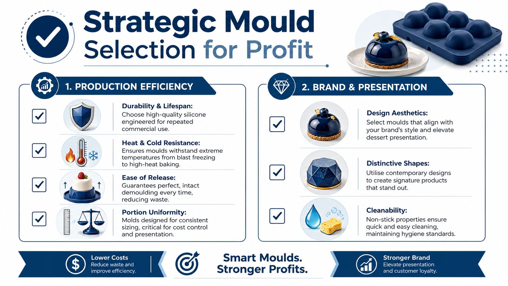 An infographic detailing strategic silicone mould selection for pastry production to improve business efficiency and profit.