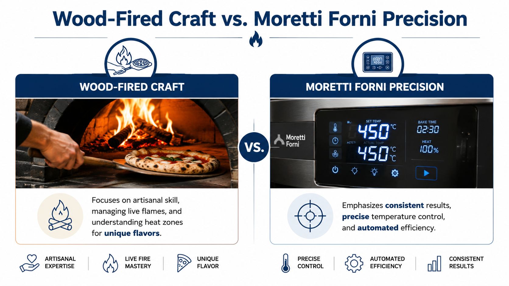 A comparison graphic showing traditional wood-fired pizza ovens versus modern Moretti Forni precision electric ovens.