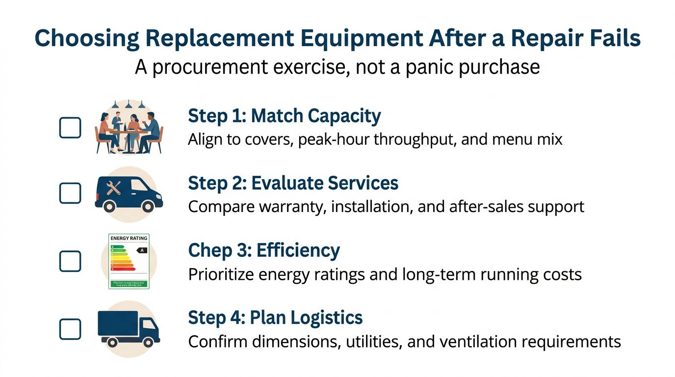 An infographic showing four essential steps for restaurant owners when selecting new replacement equipment.