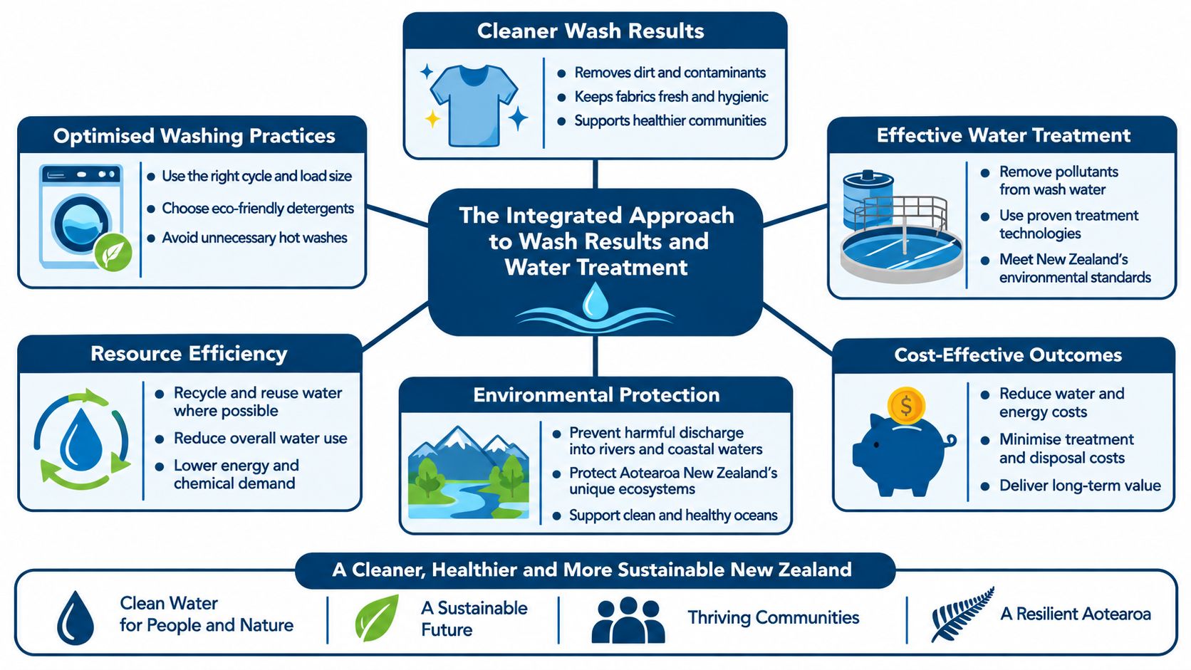 A diagram illustrating an integrated approach to wash results and water treatment for a sustainable New Zealand.