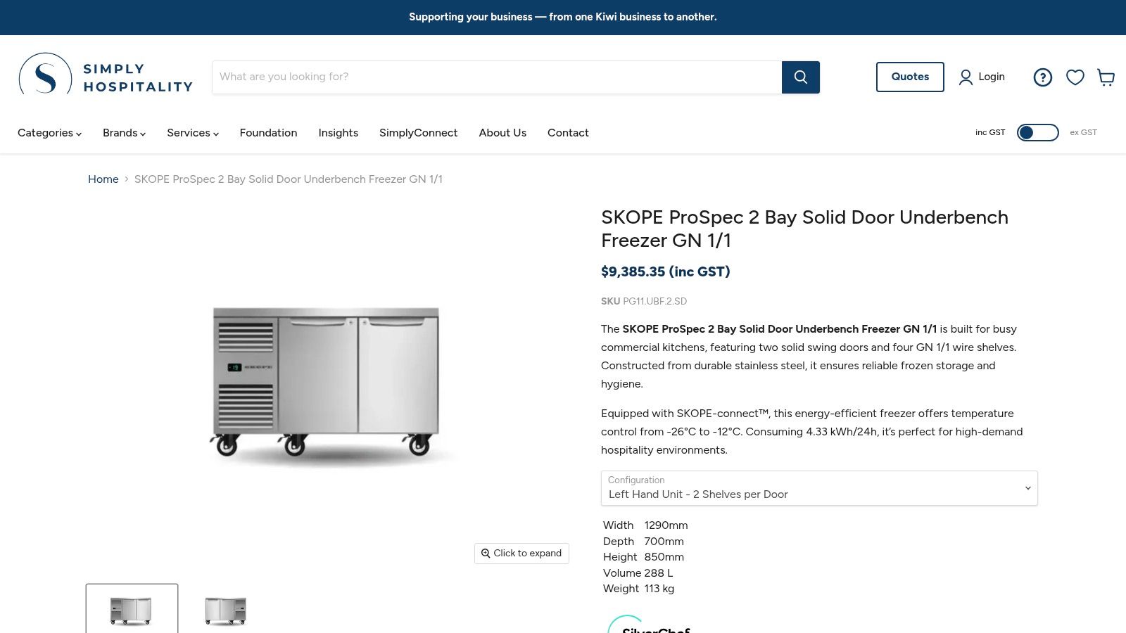 Screenshot from https://simplyhospitality.co.nz/products/skope-prospec-2-bay-solid-door-underbench-freezer-gn-1-1