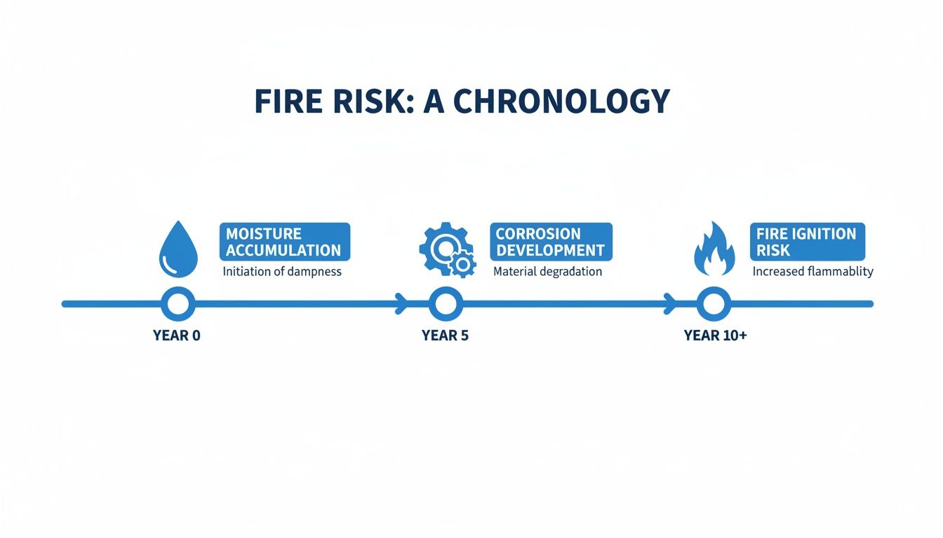 Timeline illustrating the chronology of fire risk: moisture accumulation, corrosion, and increased flammability stages.