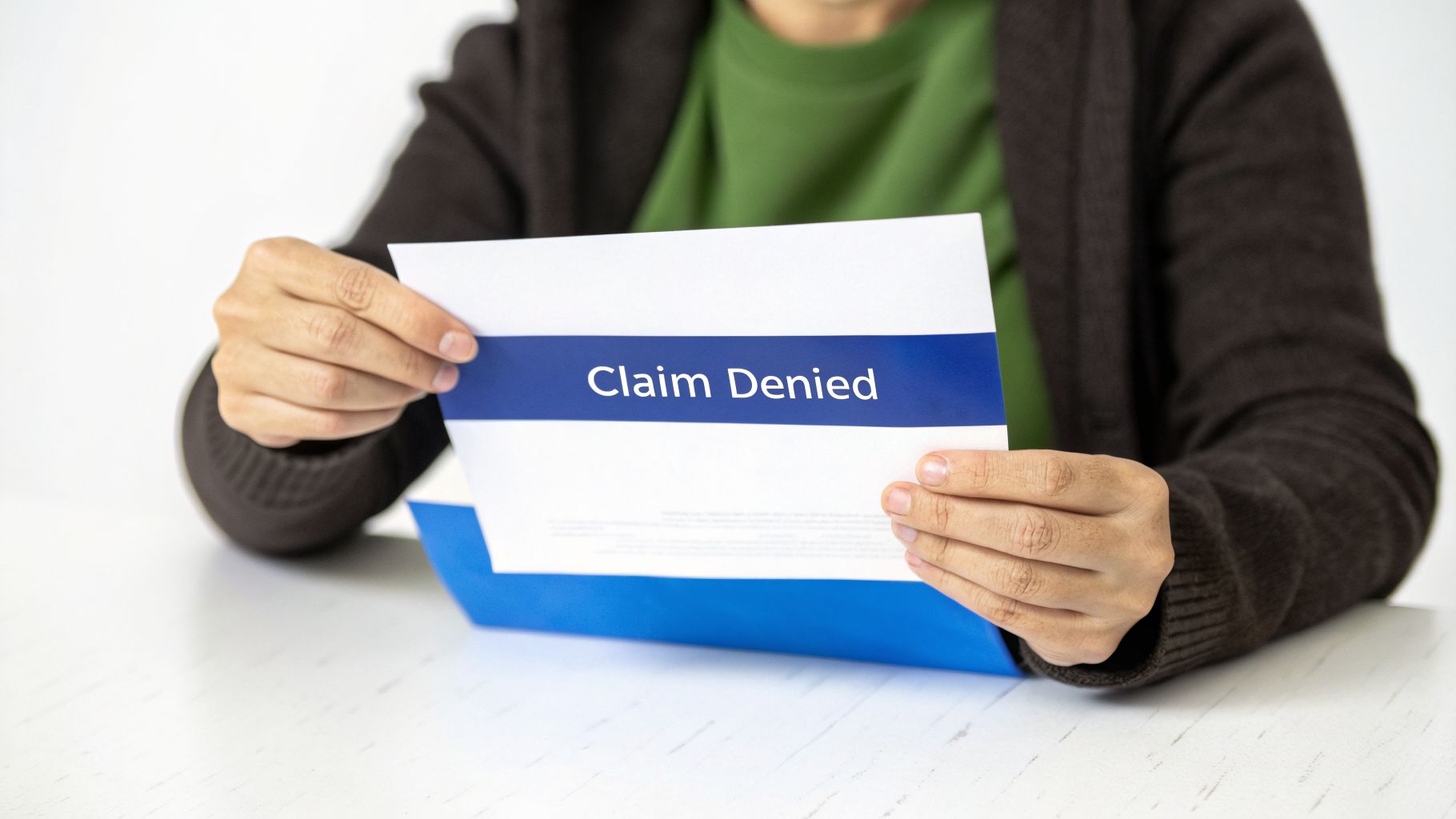 A person holds a letter with a blue band stating 'Claim Denied' on a white desk.