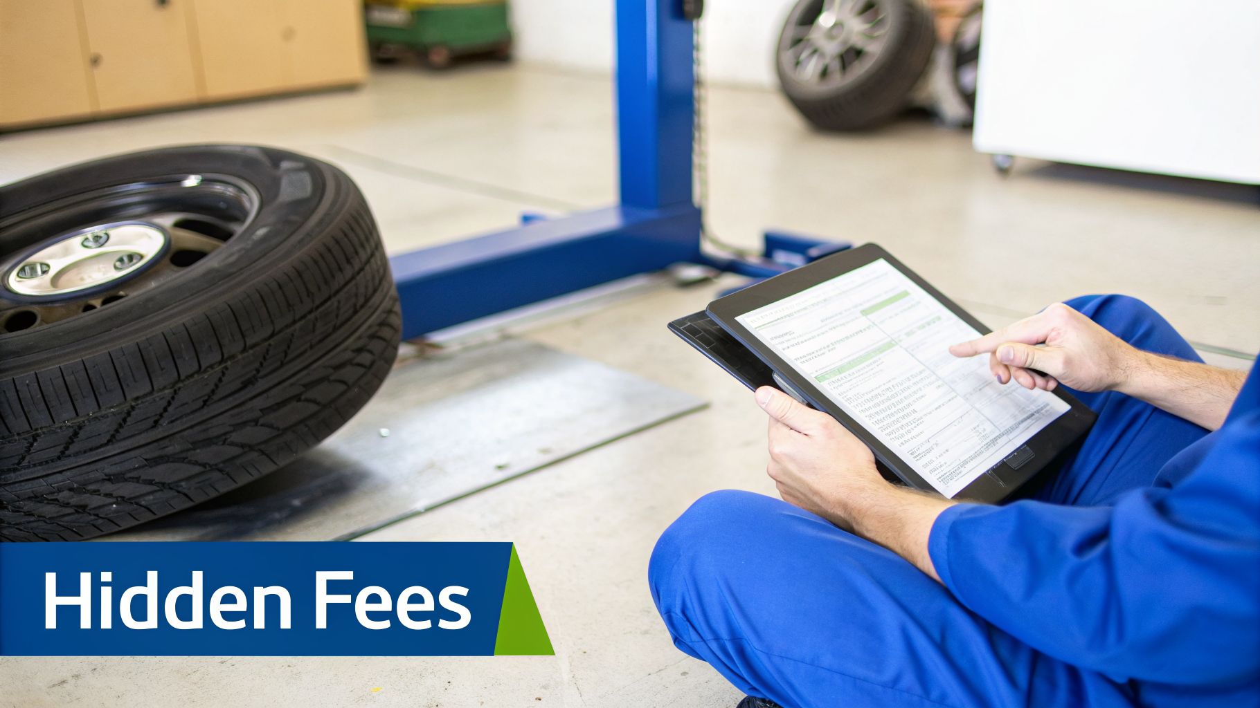 Mechanic reviewing a digital checklist on a tablet in a garage, next to a car tire.