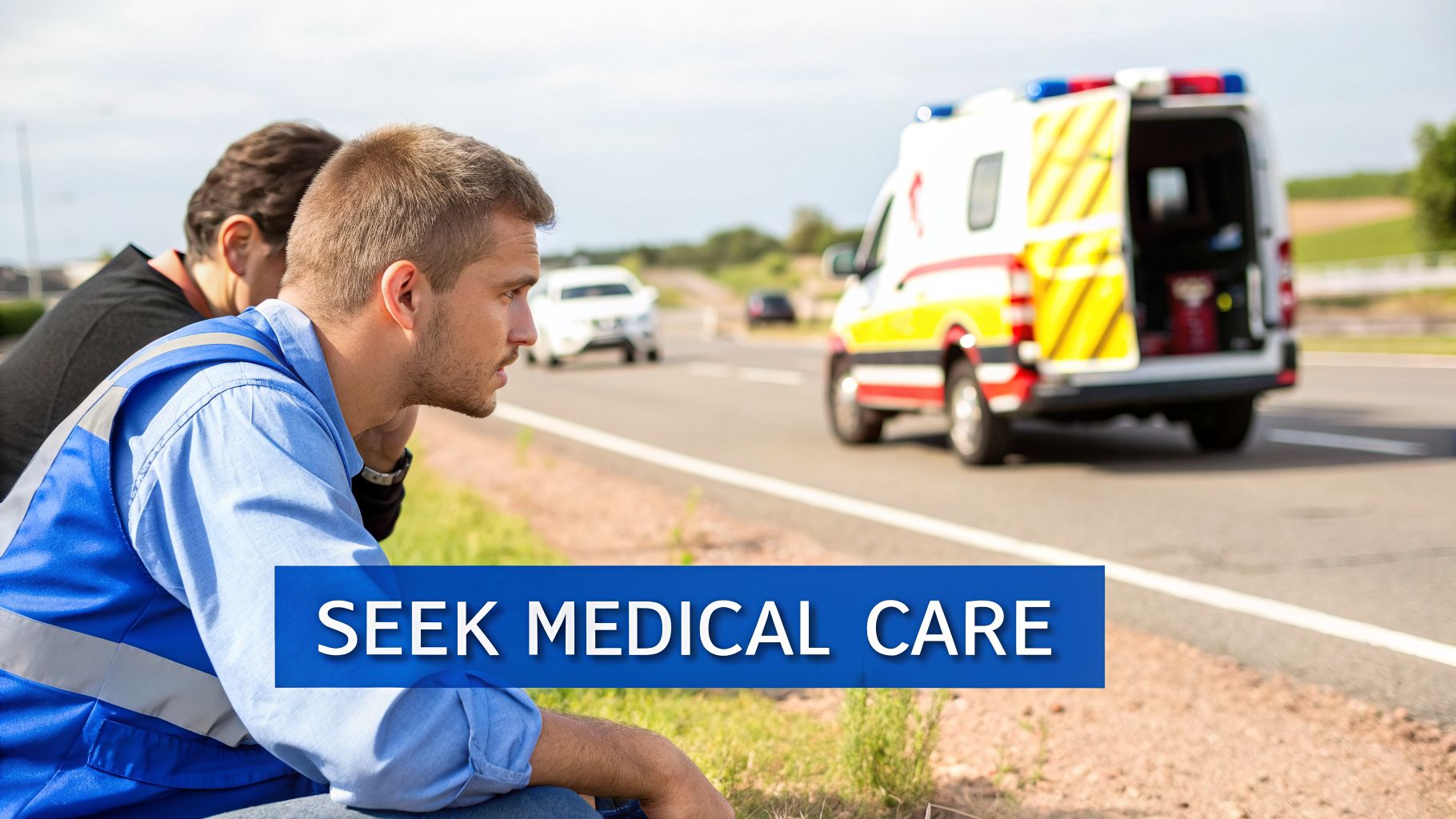 Two men on a roadside, one in a reflective vest, with an ambulance in the background, emphasizing seeking medical care after an accident.