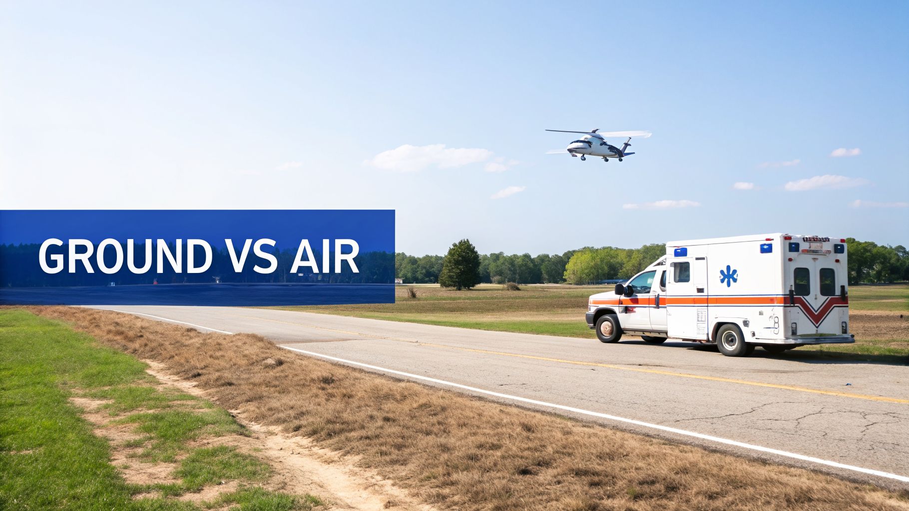 An ambulance on a road and a helicopter in the sky, illustrating ground versus air medical transport.