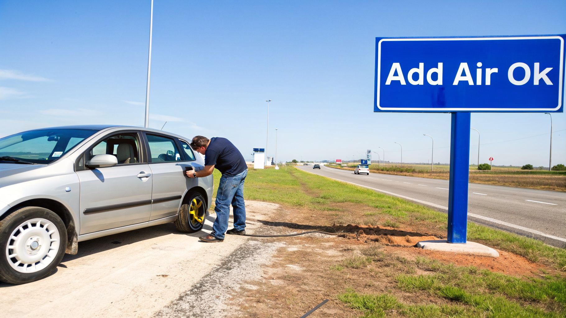 Man inflates a silver car tire on the roadside next to a blue 'Add Air Ok' sign.