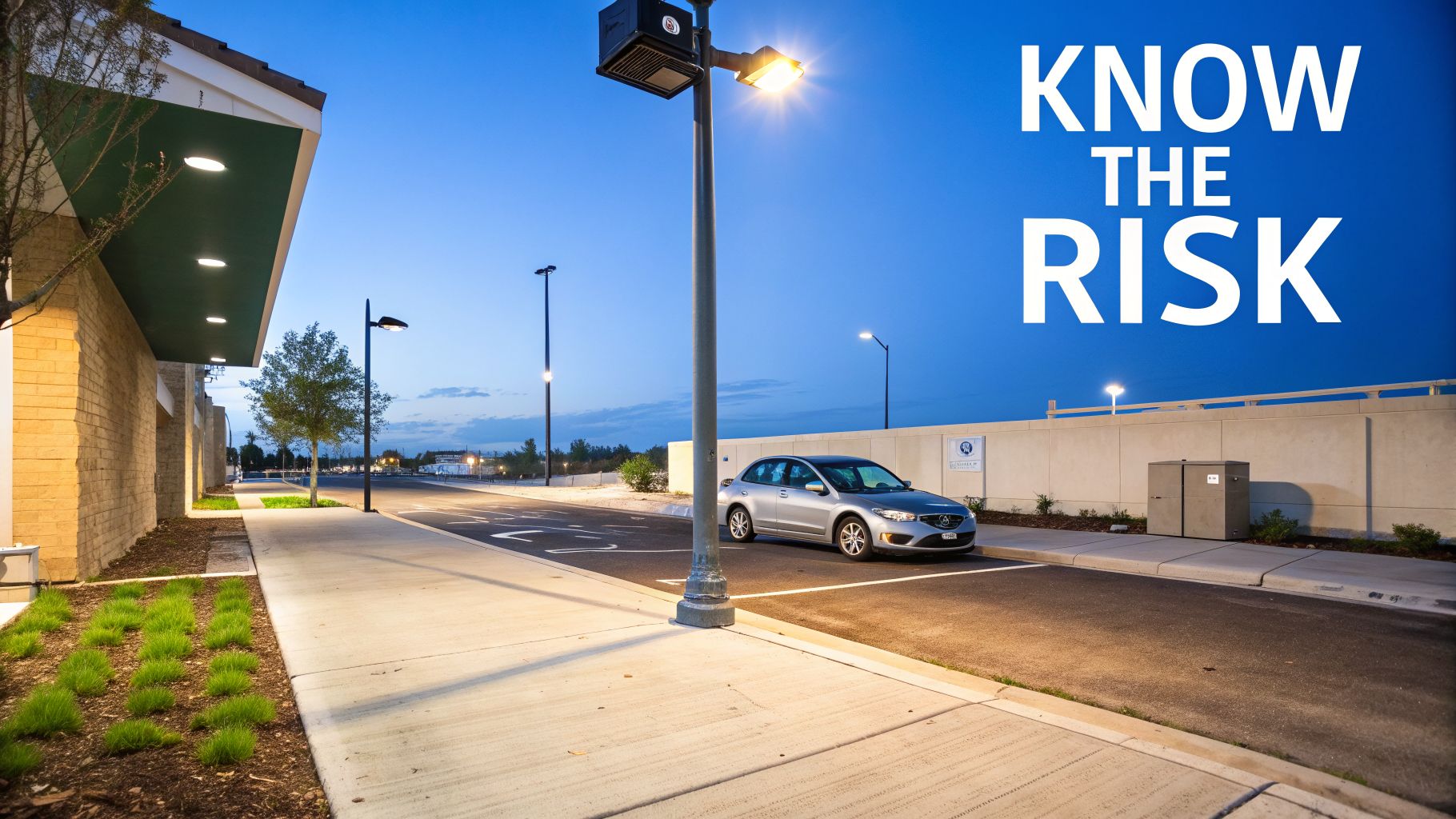 A silver sedan parked in a well-lit outdoor area at dusk, with 'KNOW THE RISK' text.