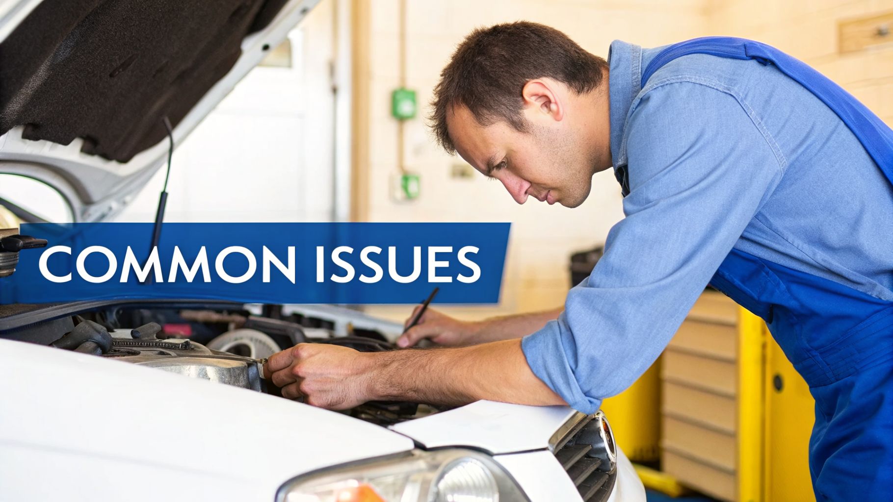 A male mechanic in a blue uniform inspecting an open car engine in a garage. Text overlay reads 'COMMON ISSUES'.