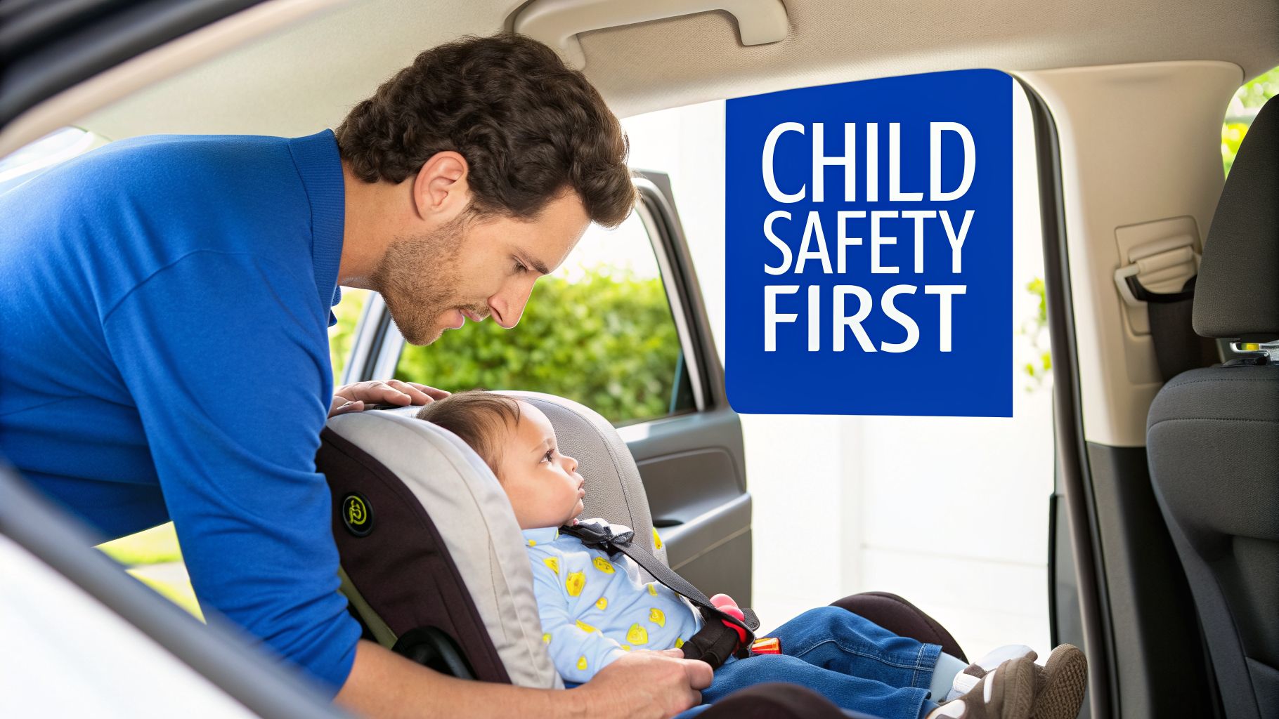 A caring father secures his baby in a car seat, emphasizing child safety first.