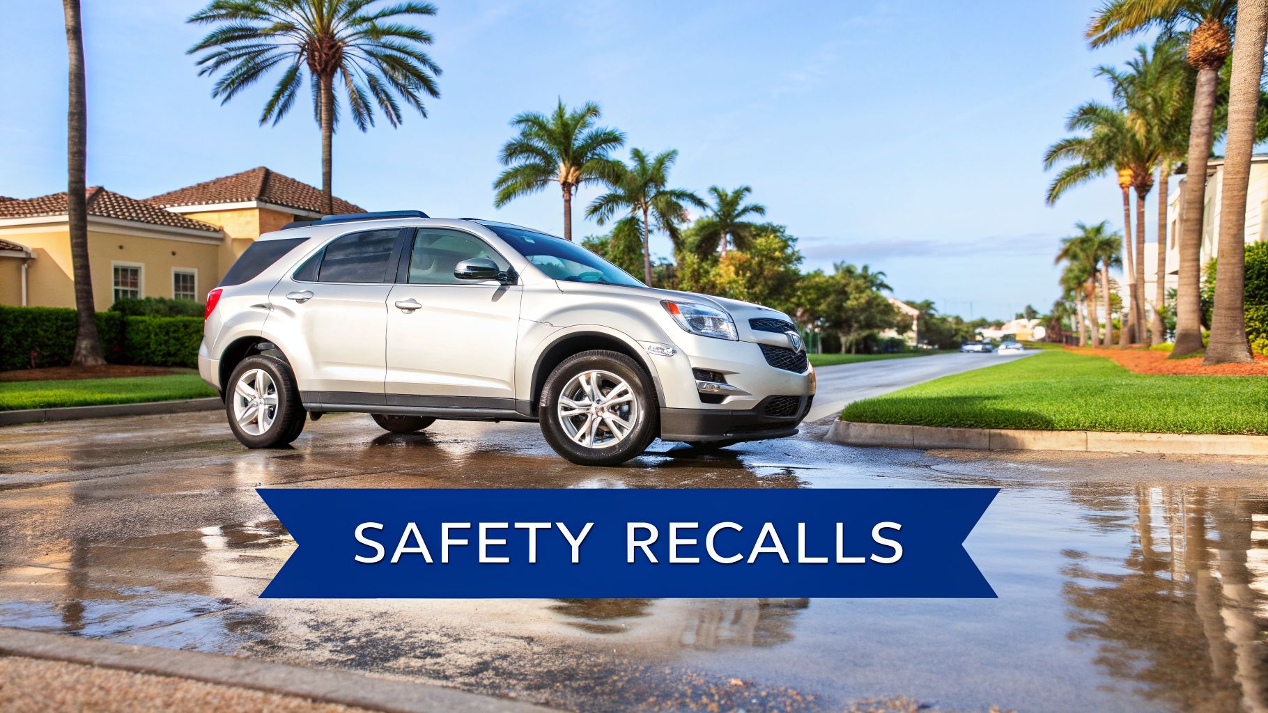 A silver SUV parked on a wet street with palm trees and houses, featuring a 'SAFETY RECALLS' banner.