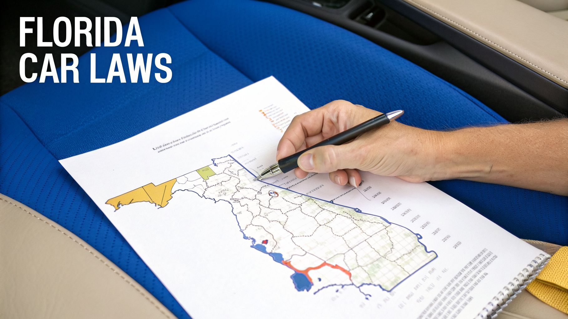 A person's hand with a pen points at a map of Florida on a car seat, illustrating 'Florida Car Laws'.