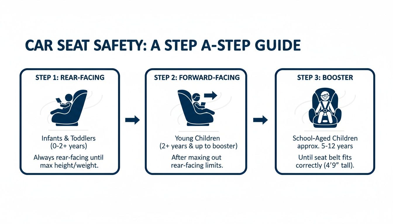 Infographic showing three stages of car seat safety: rear-facing, forward-facing, and booster for children.