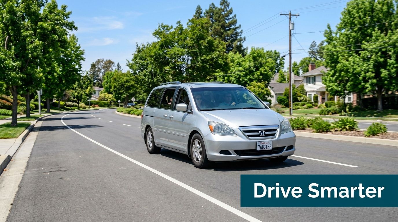 A silver 2007 Honda Odyssey minivan driving on a suburban road during a sunny day.