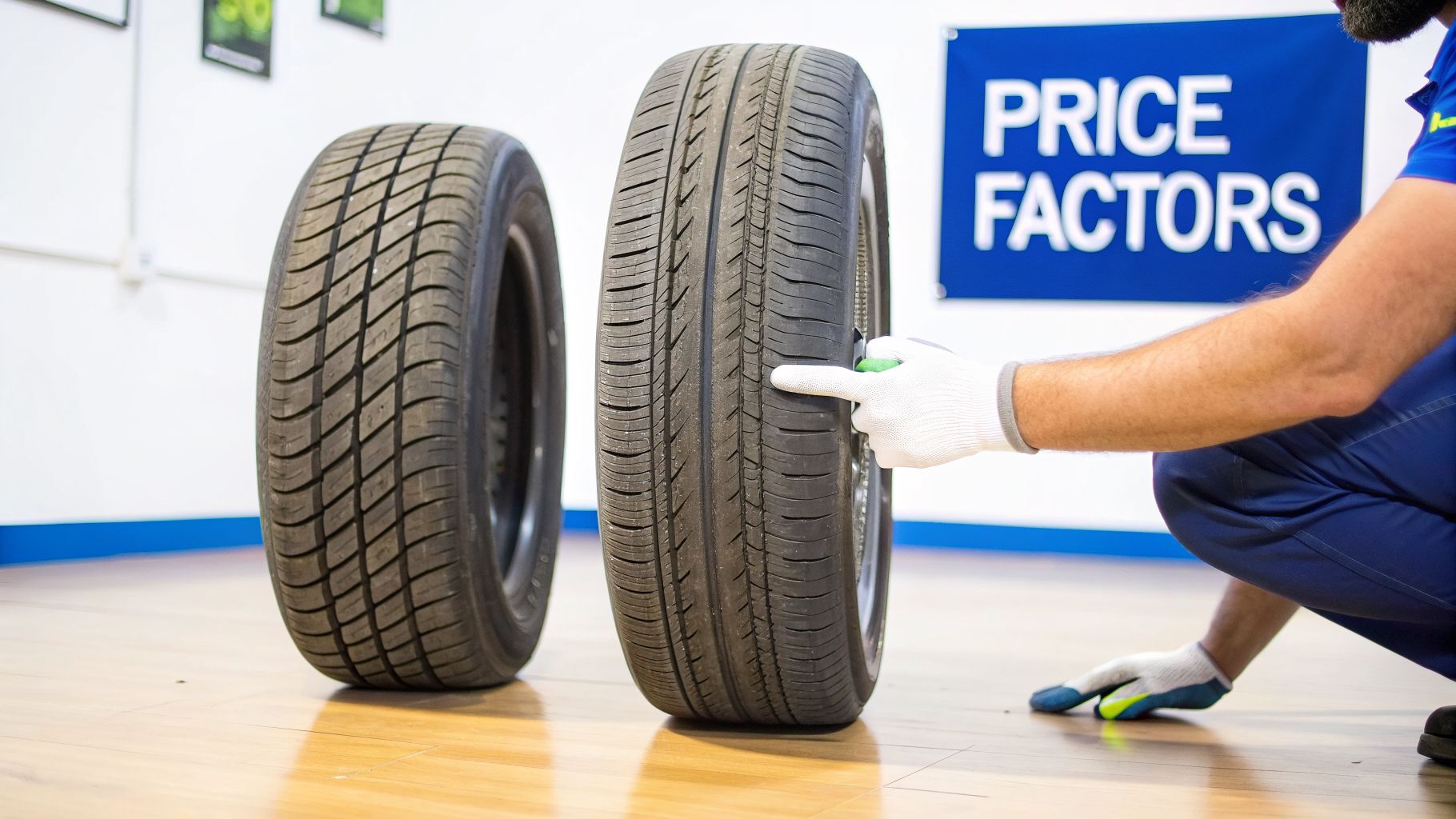 A person in gloves points to the tread of a car tire, with another tire and a 'PRICE FACTORS' sign nearby.