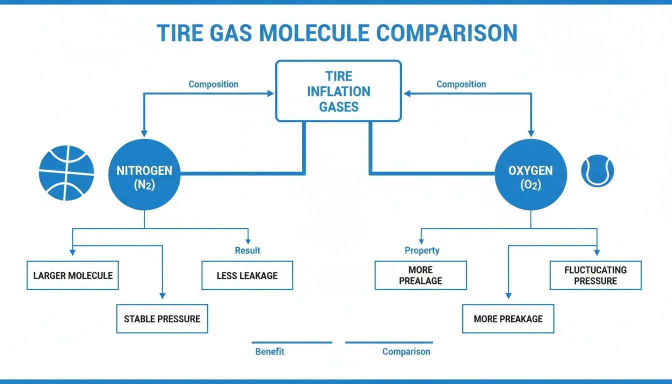 Flowchart comparing Nitrogen (N2) and Oxygen (O2) properties for tire inflation, showing pressure benefits.