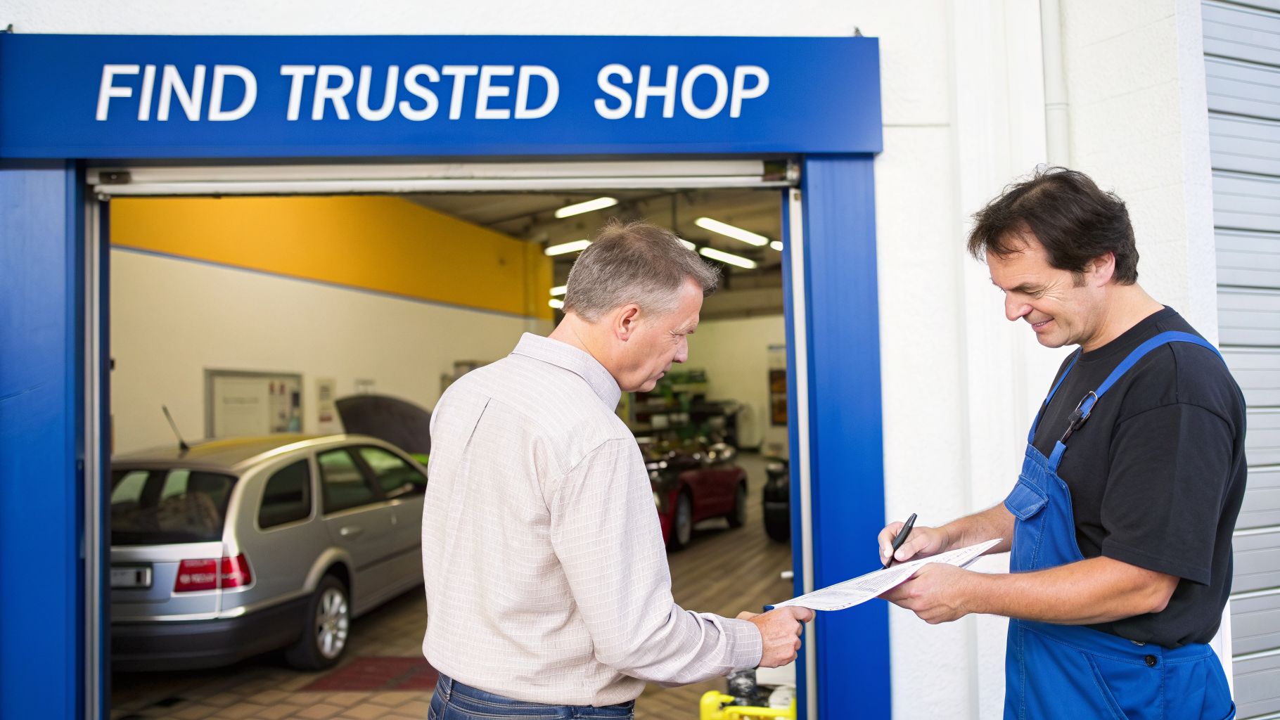 A customer and mechanic sign paperwork at the entrance of an auto repair shop.
