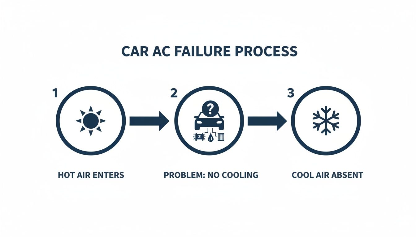 Infographic illustrating the car AC failure process: hot air, no cooling problem, and cool air absent.