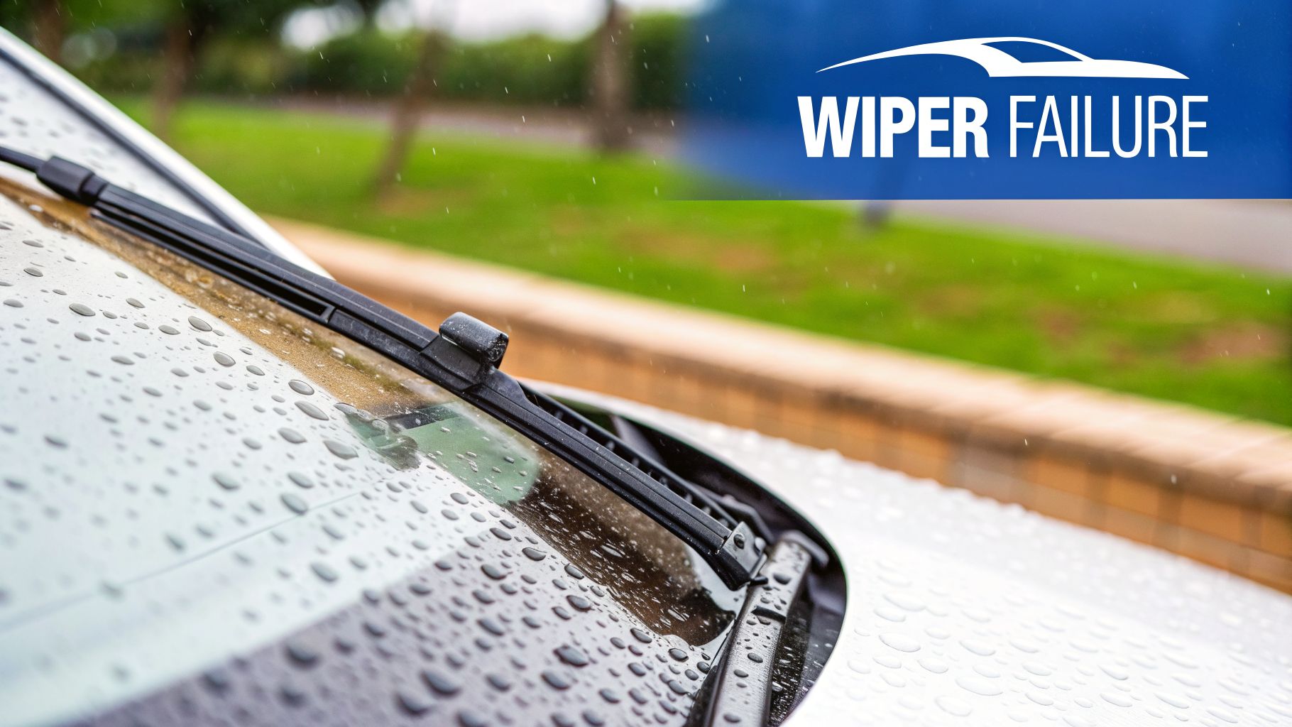 Close-up of a car windshield covered in raindrops with a wiper blade, illustrating wiper failure.