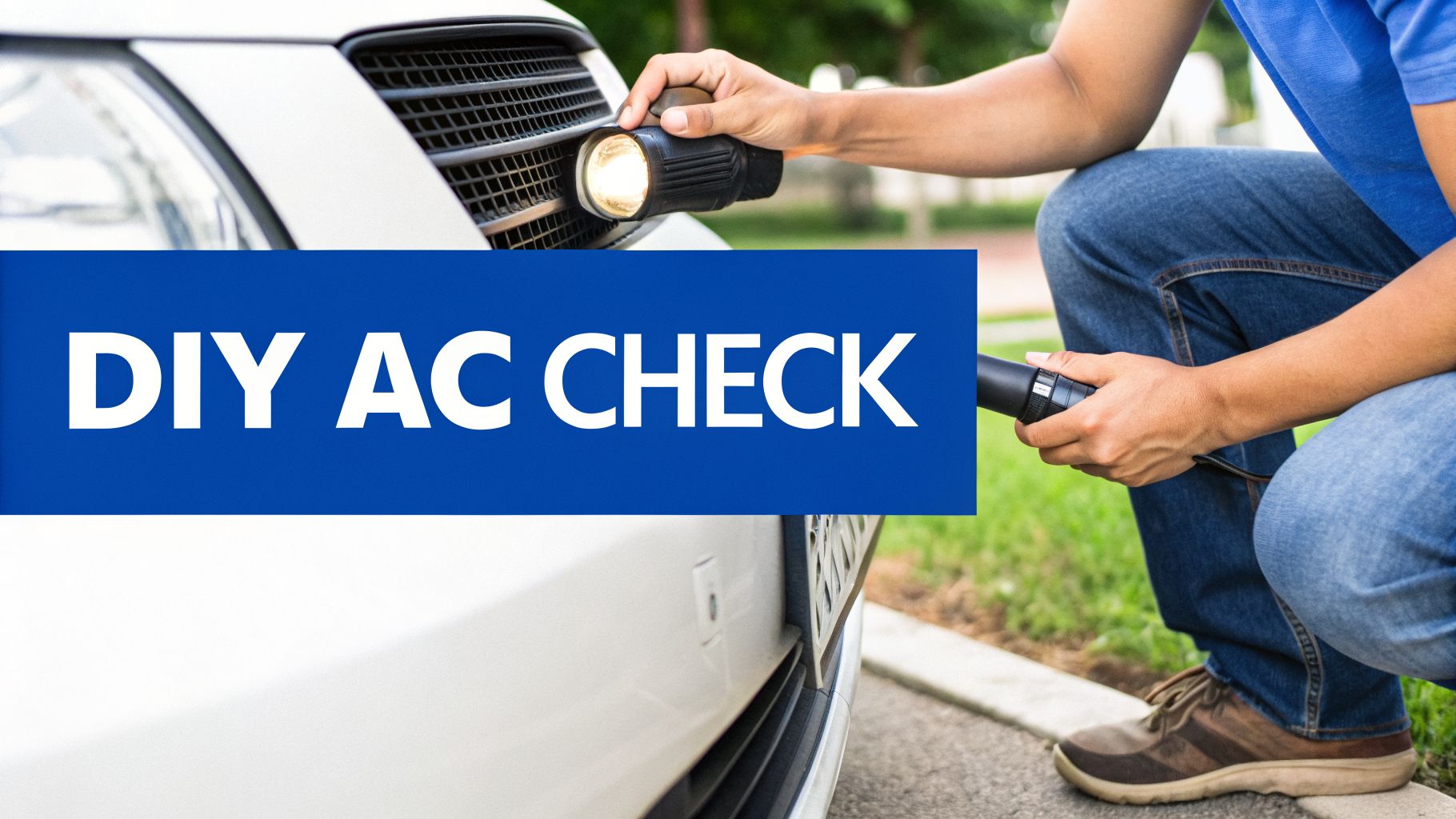 A person uses a flashlight to perform a DIY AC check on the front grille of a white car.