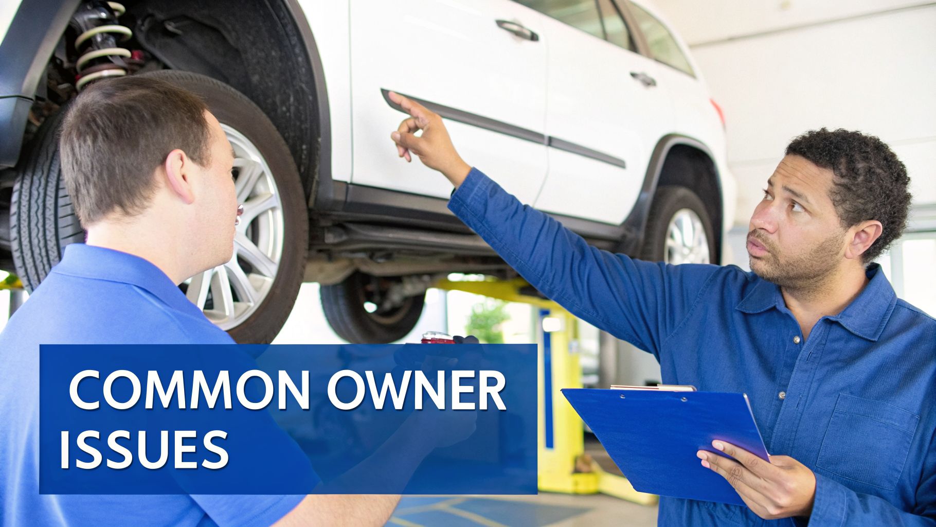 A mechanic points at a car on a lift, discussing common owner issues with a customer in an auto repair shop.