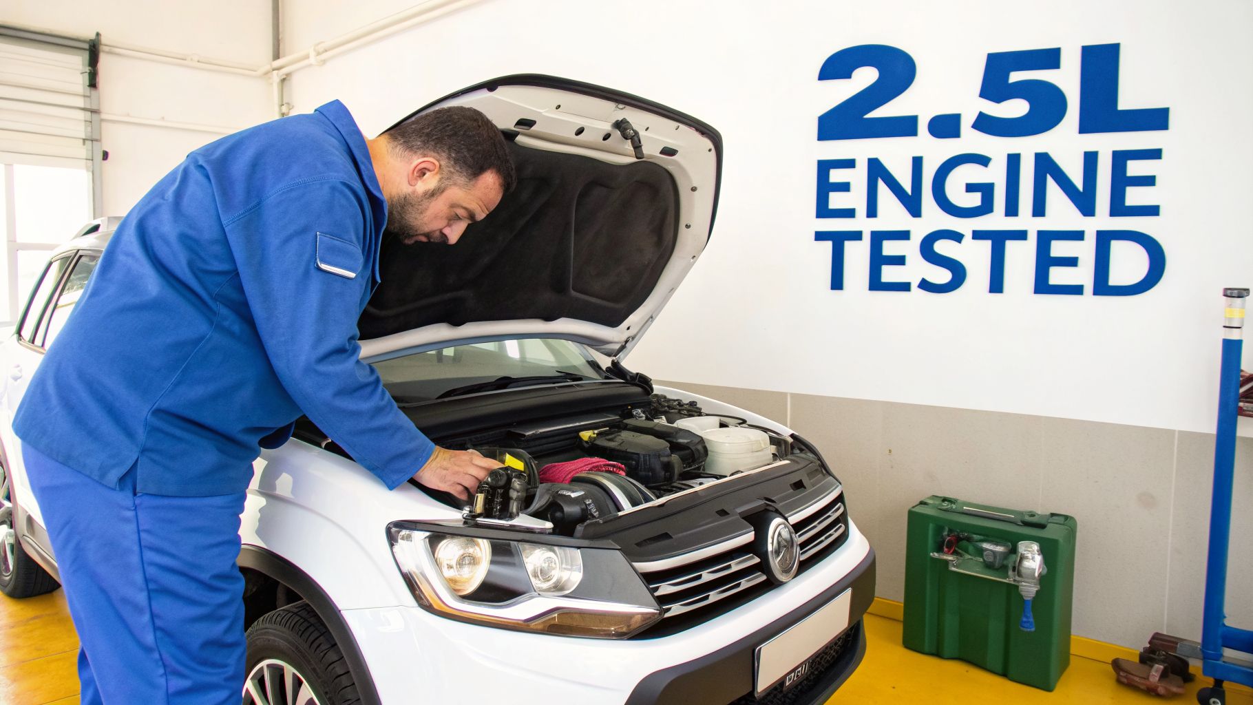 A professional auto mechanic in blue uniform inspecting a white car's engine in a bright service center.