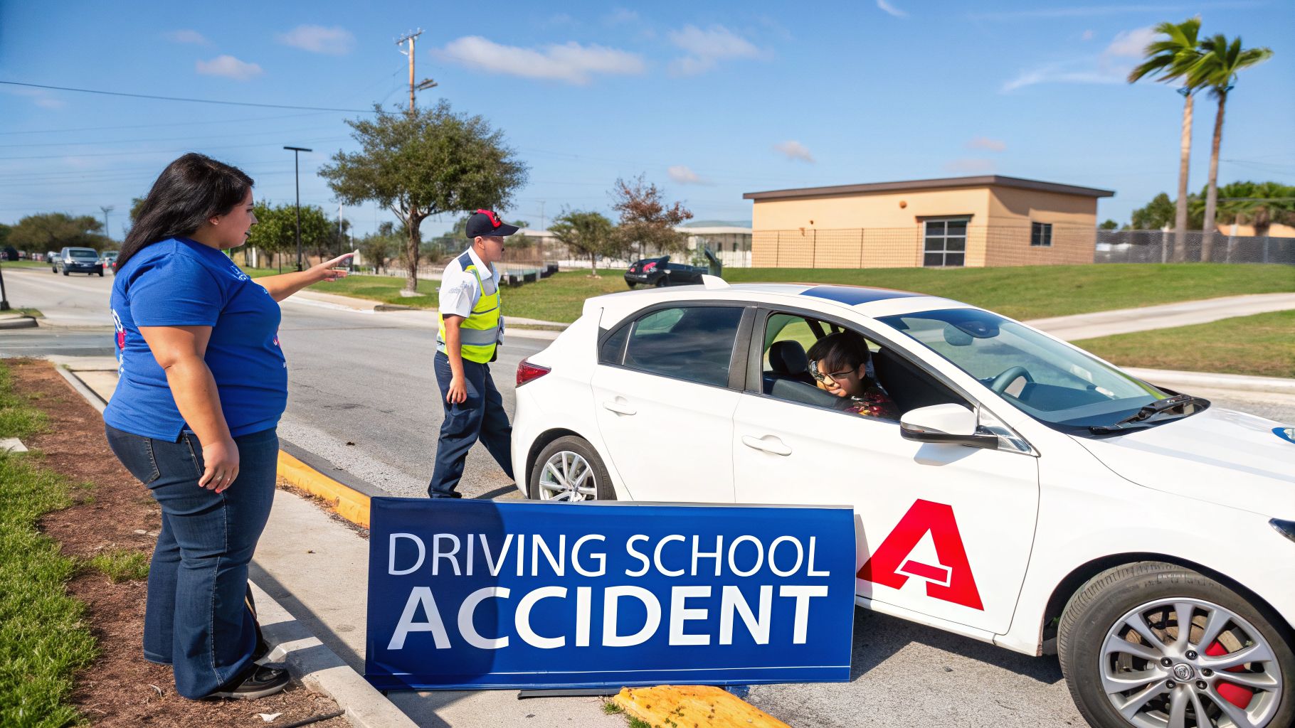 A driving instructor points near a student in a white driving school car, next to a 'DRIVING SCHOOL ACCIDENT' sign.