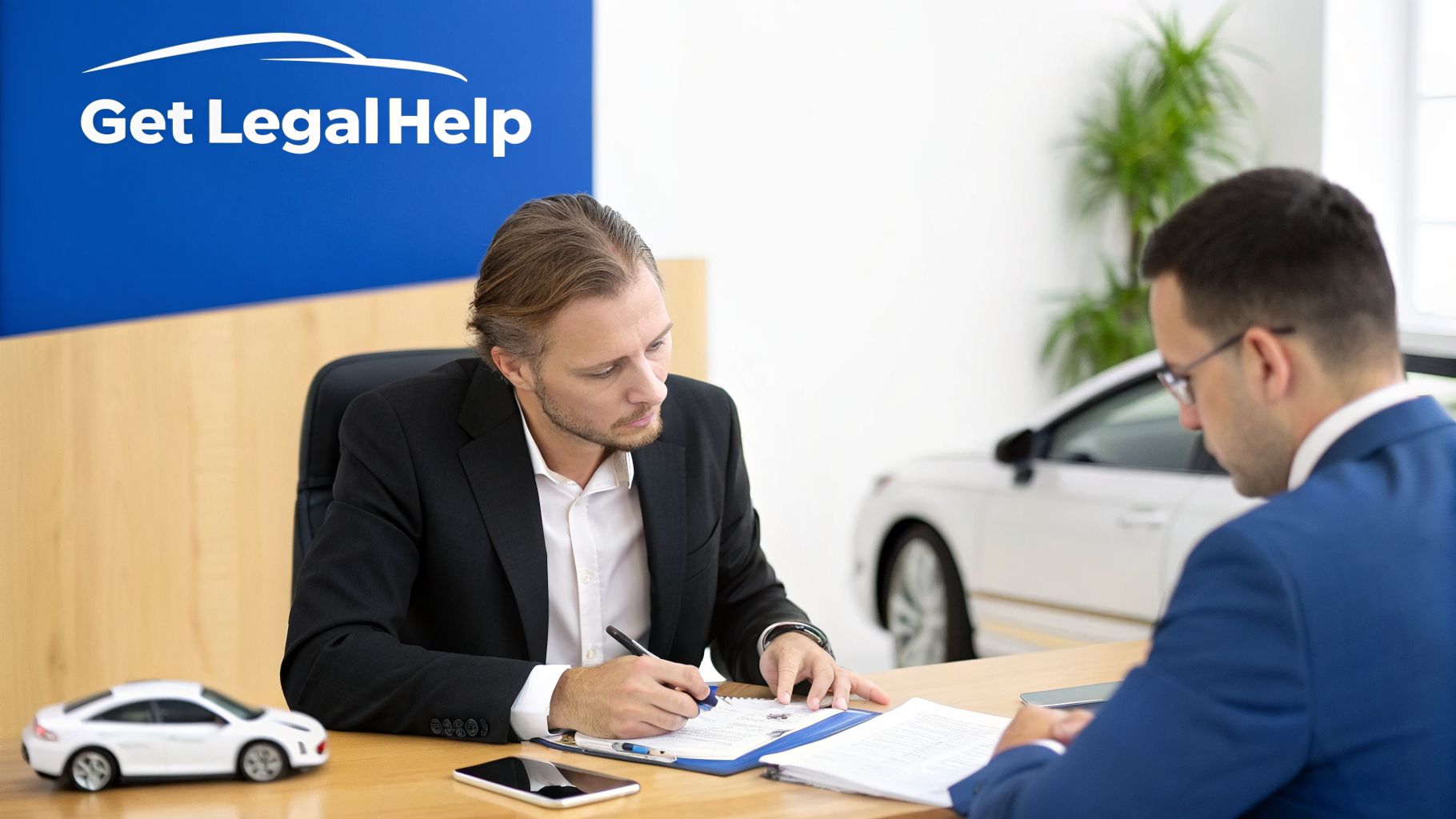 Two businessmen review legal documents in an office with a 'Get Legal Help' sign and a car.
