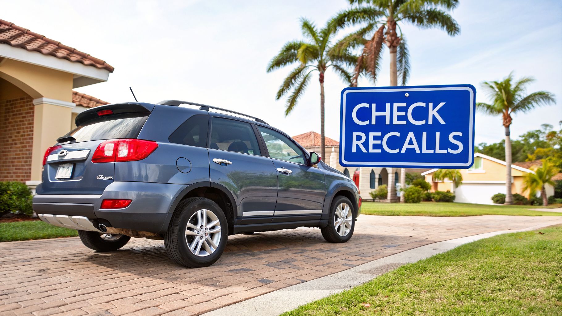 A blue SUV parked in a driveway next to a prominent 'CHECK RECALLS' sign, with houses and palm trees.