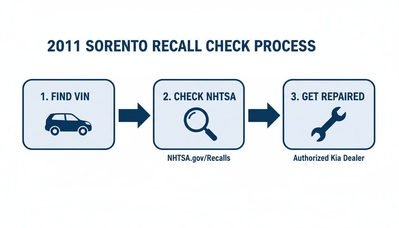Flowchart showing the 2011 Kia Sorento recall check process: find VIN, check NHTSA, get repaired.