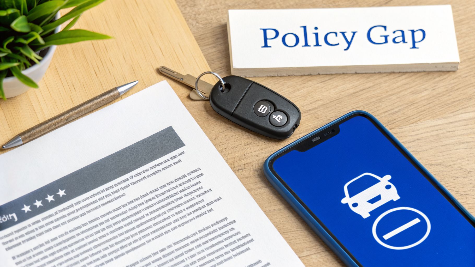 A desk with car keys, a policy document, a pen, and a smartphone showing a 'no car insurance' icon next to a 'Policy Gap' sign.