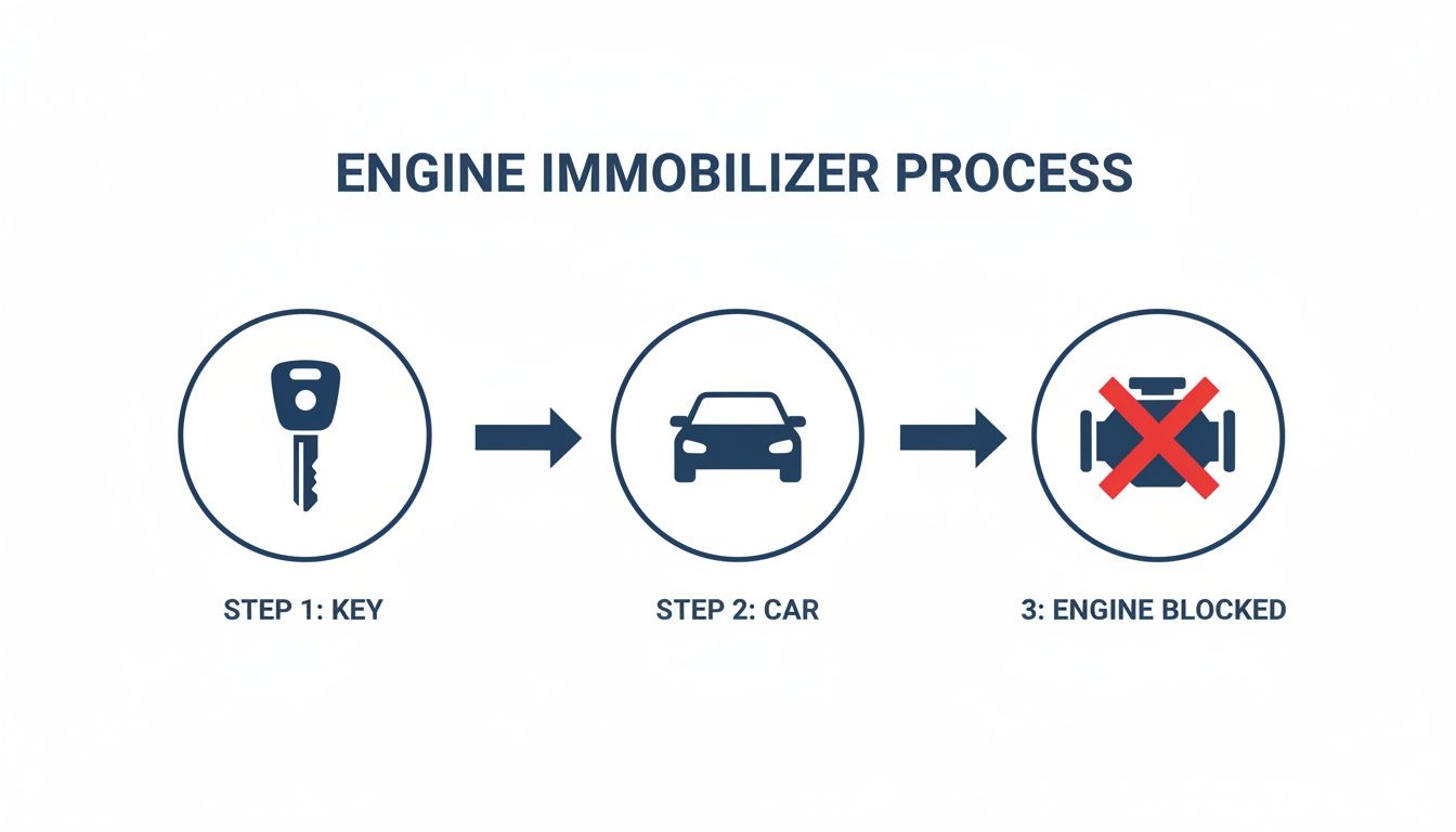 Diagram showing the engine immobilizer process with a key, car, and blocked engine icon.
