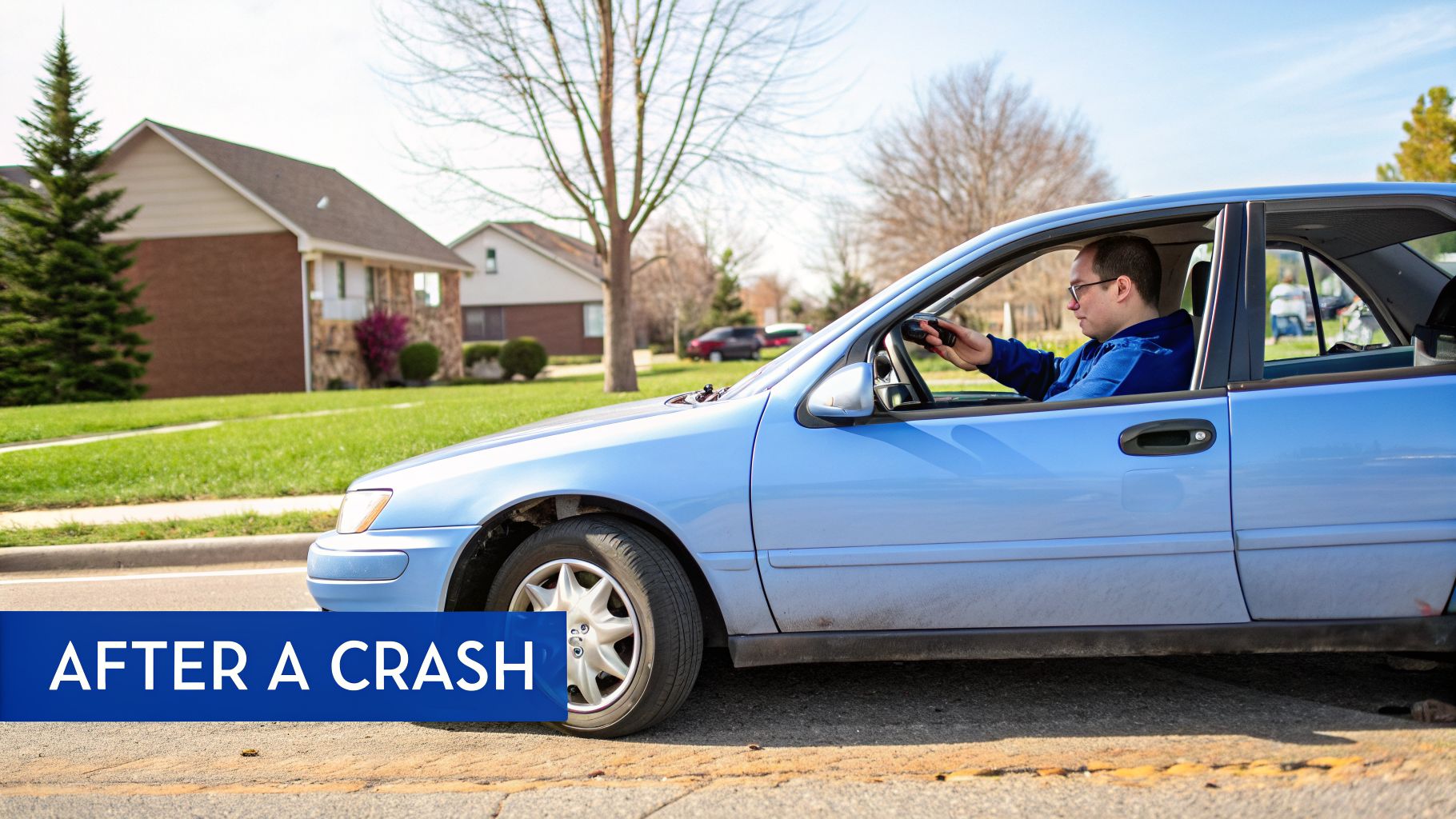 Man in blue hoodie and glasses driving a blue car on a sunny day in a residential area.