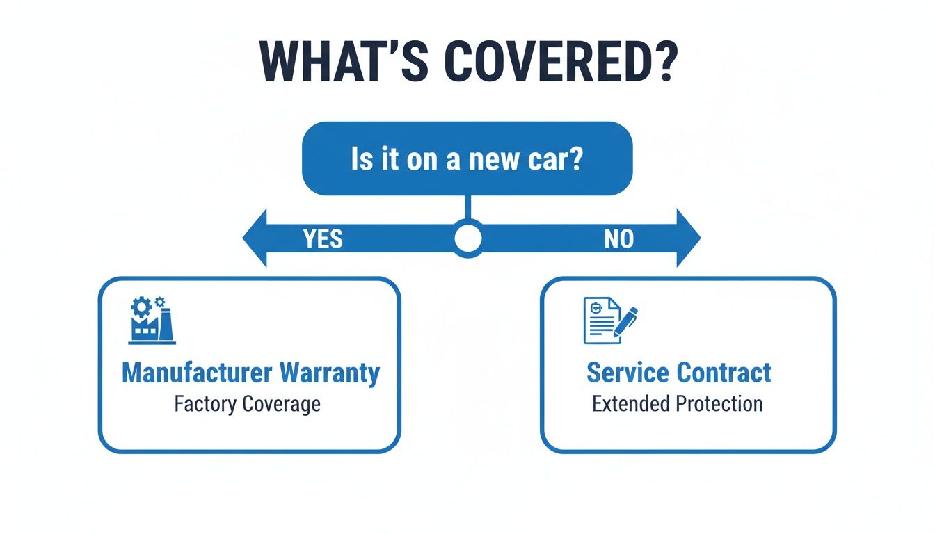 Flowchart explaining car coverage options: new cars get manufacturer warranty, others get service contracts.