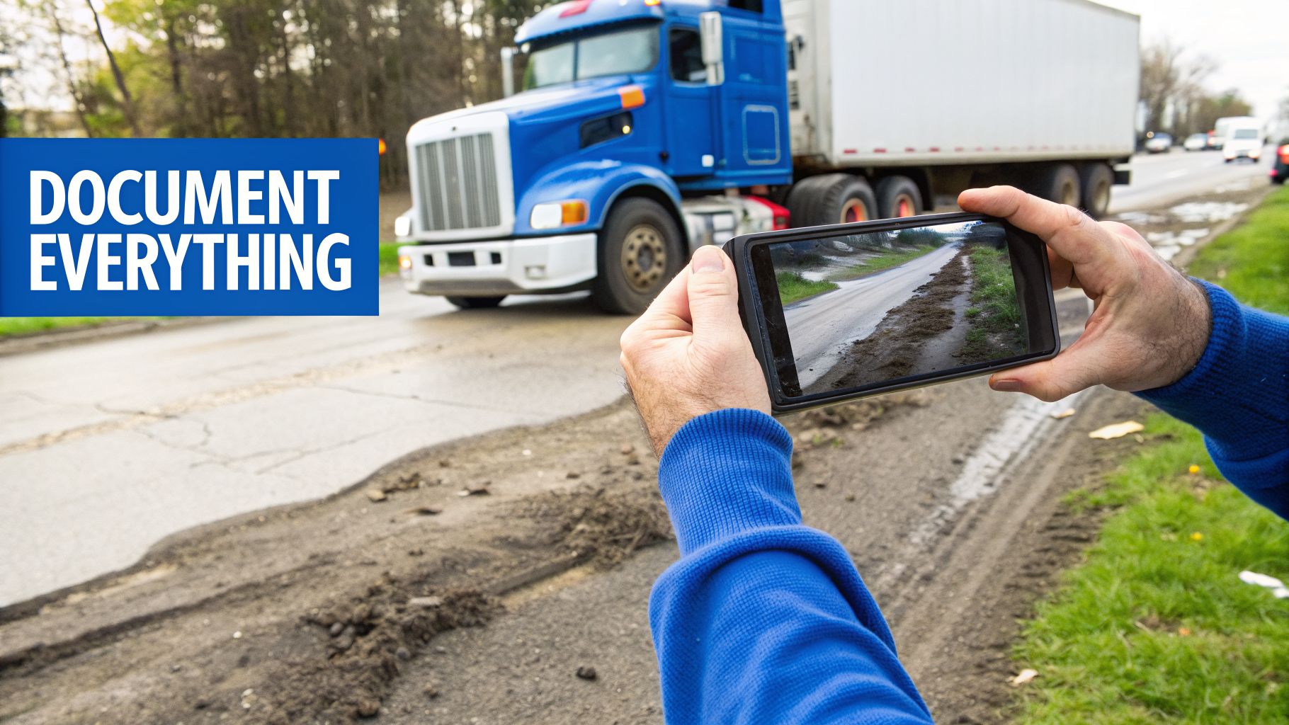 Hands holding a smartphone documenting a damaged road by a truck, with 'Document Everything' text.