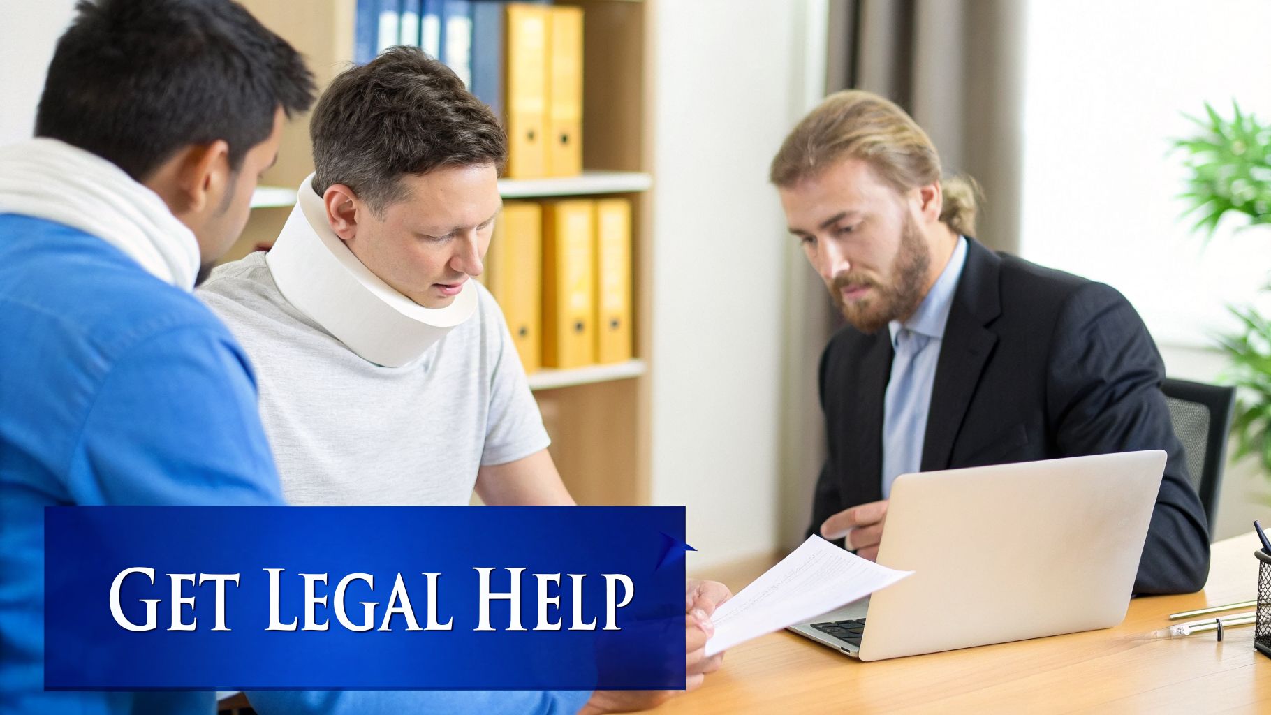An injured man in a neck brace discusses his case with a lawyer and another person, seeking legal help.