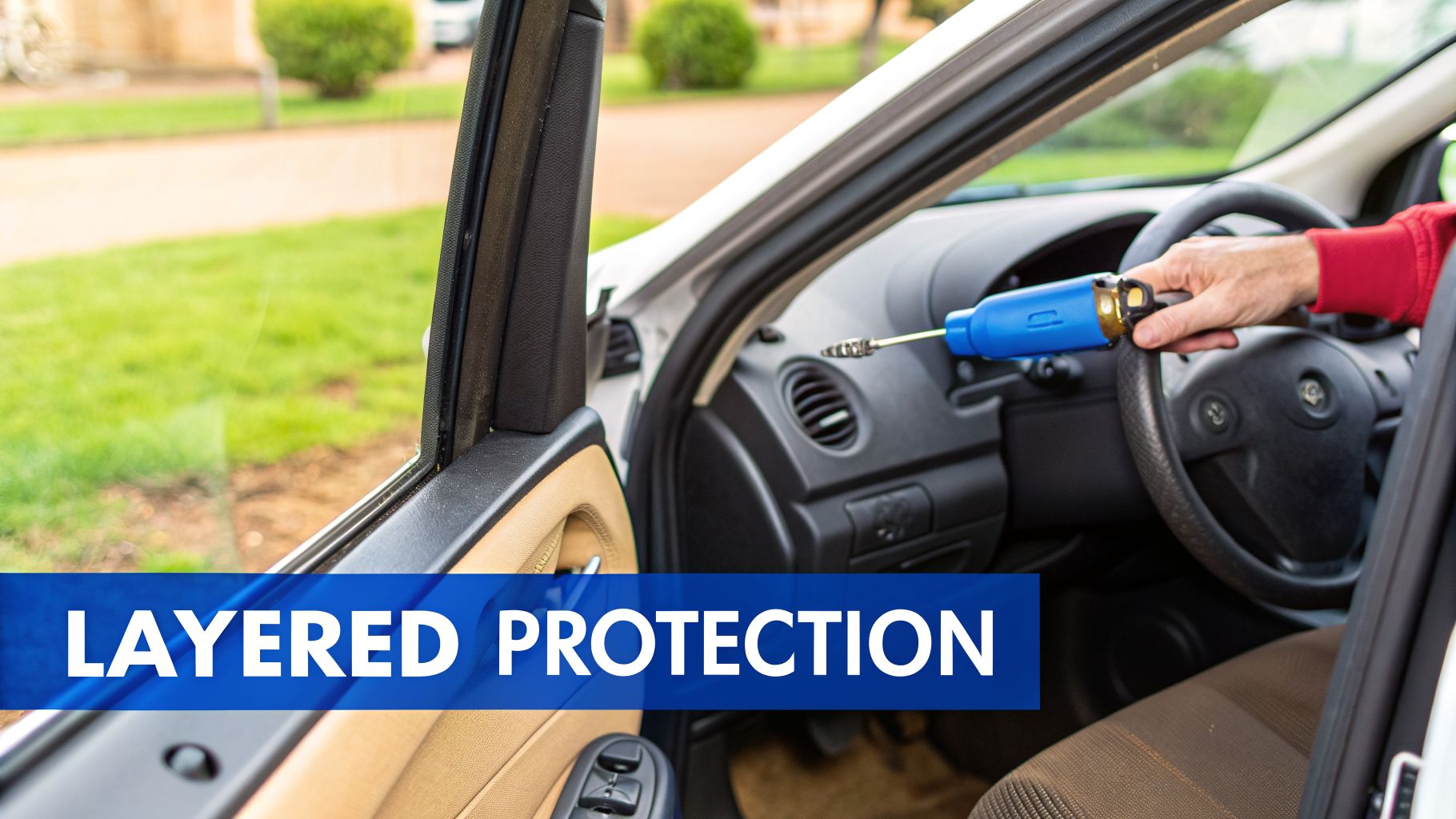 A person's hand securing a blue and gold auto theft deterrent device to a car's steering wheel.