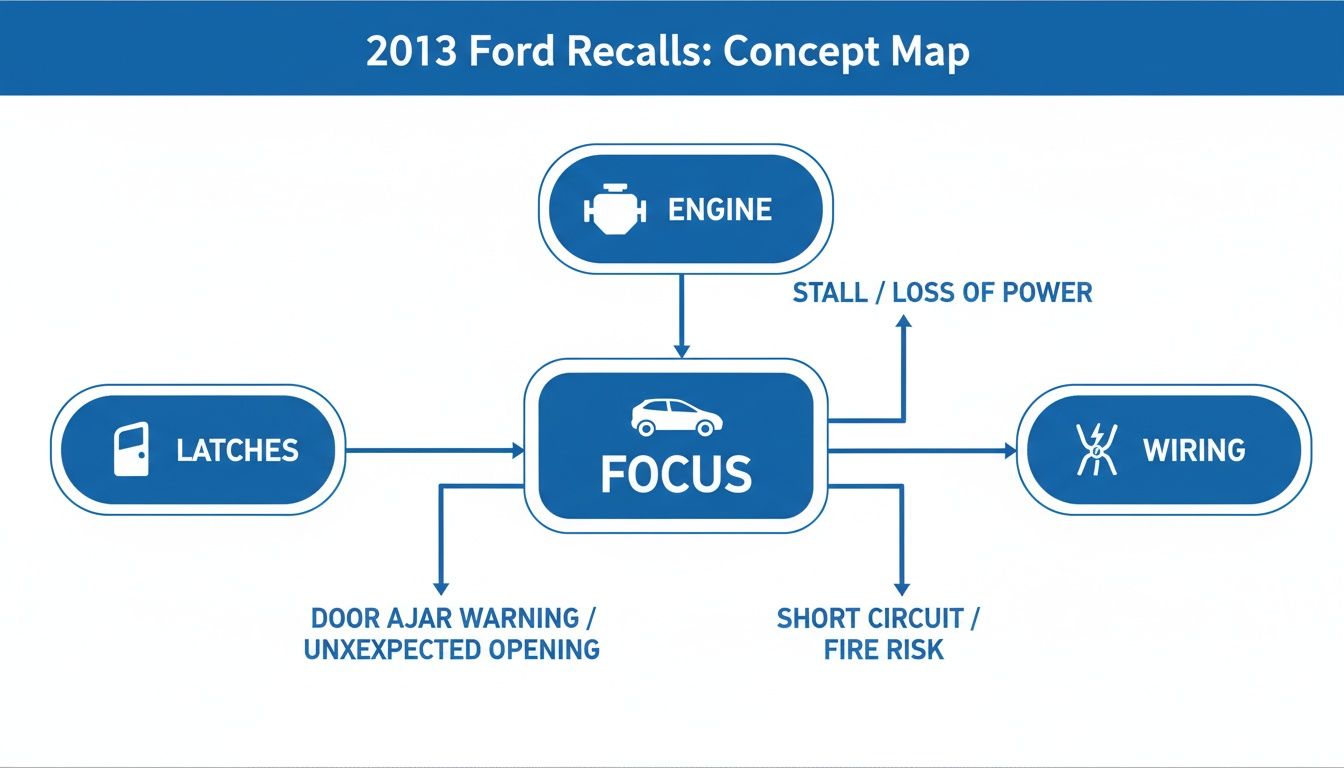 Concept map illustrating 2013 Ford Focus recalls, detailing issues with engine, latches, and wiring.