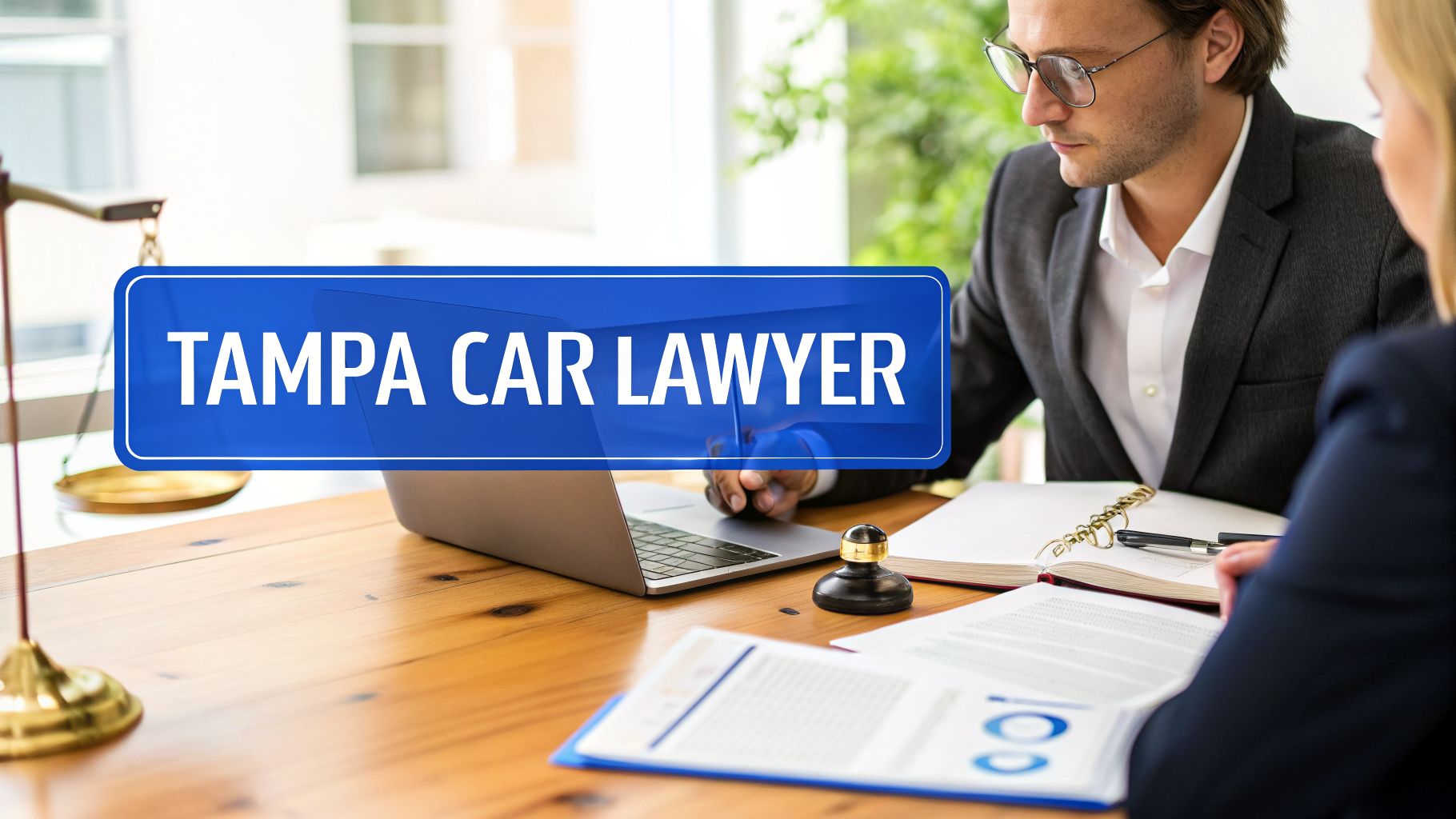 Two lawyers discuss legal documents at a desk with a laptop, featuring a 'Tampa Car Lawyer' sign.