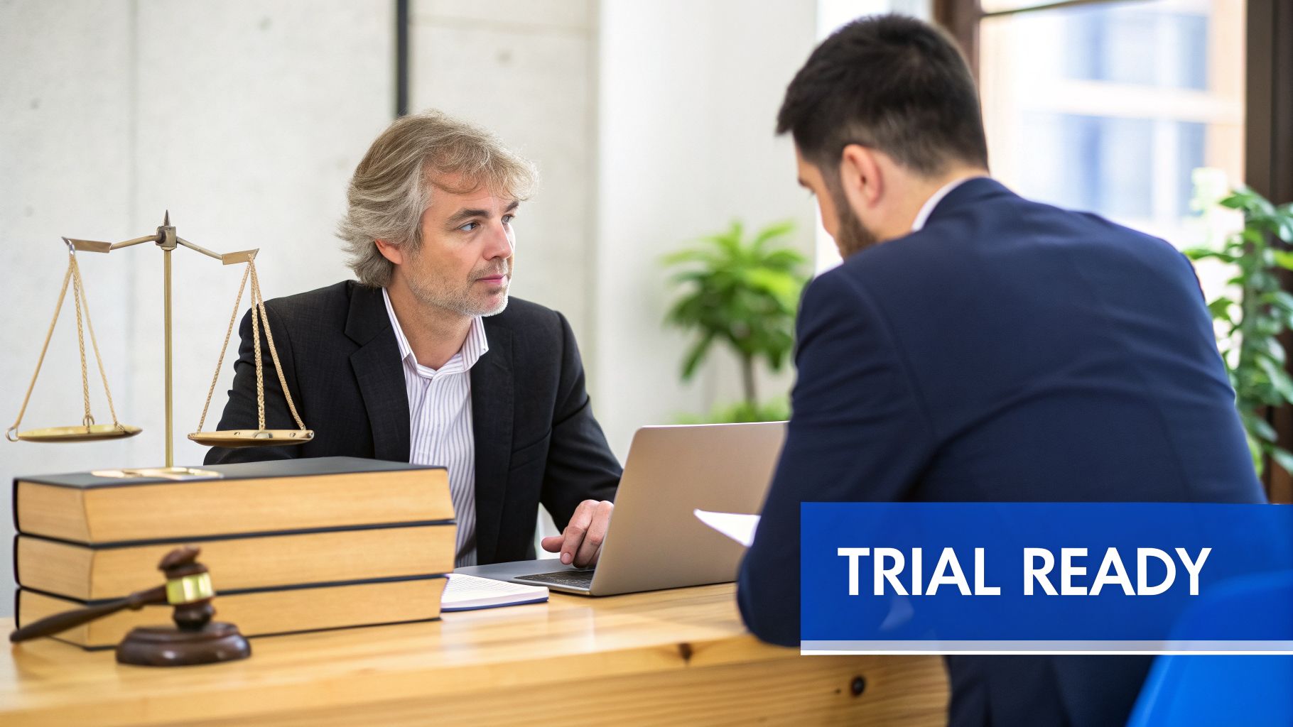 Lawyers in a legal consultation, ready for trial, with legal symbols like scales and gavel on the desk.