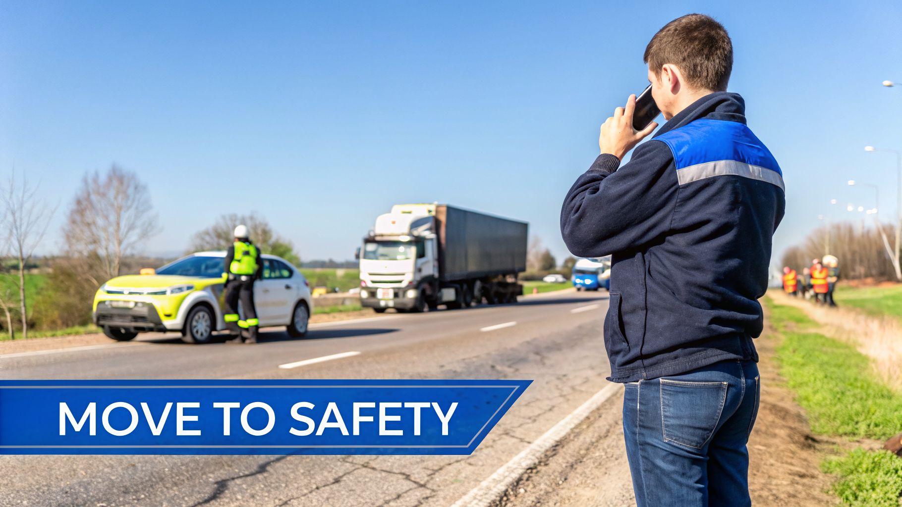 A man on a phone by the roadside with a broken-down car, a passing truck, and emergency personnel.