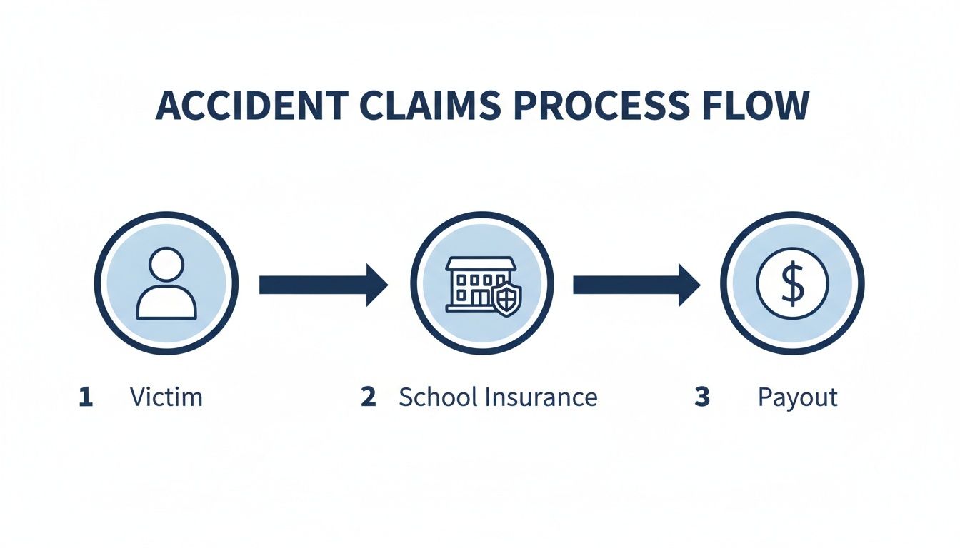Flowchart detailing the accident claims process from victim to school insurance and final payout.