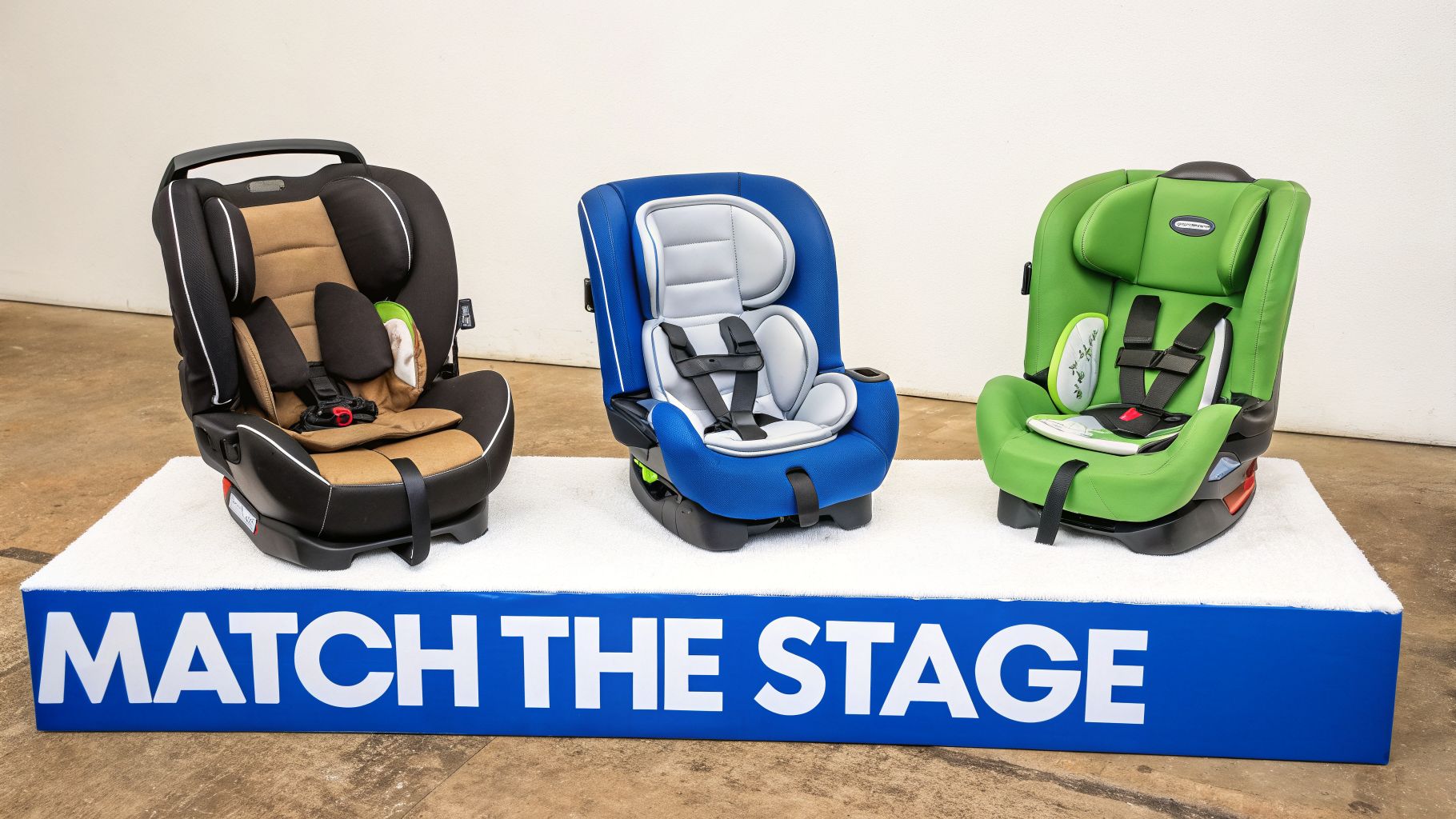 Three car seats for different stages in brown, blue, and green on a display platform.