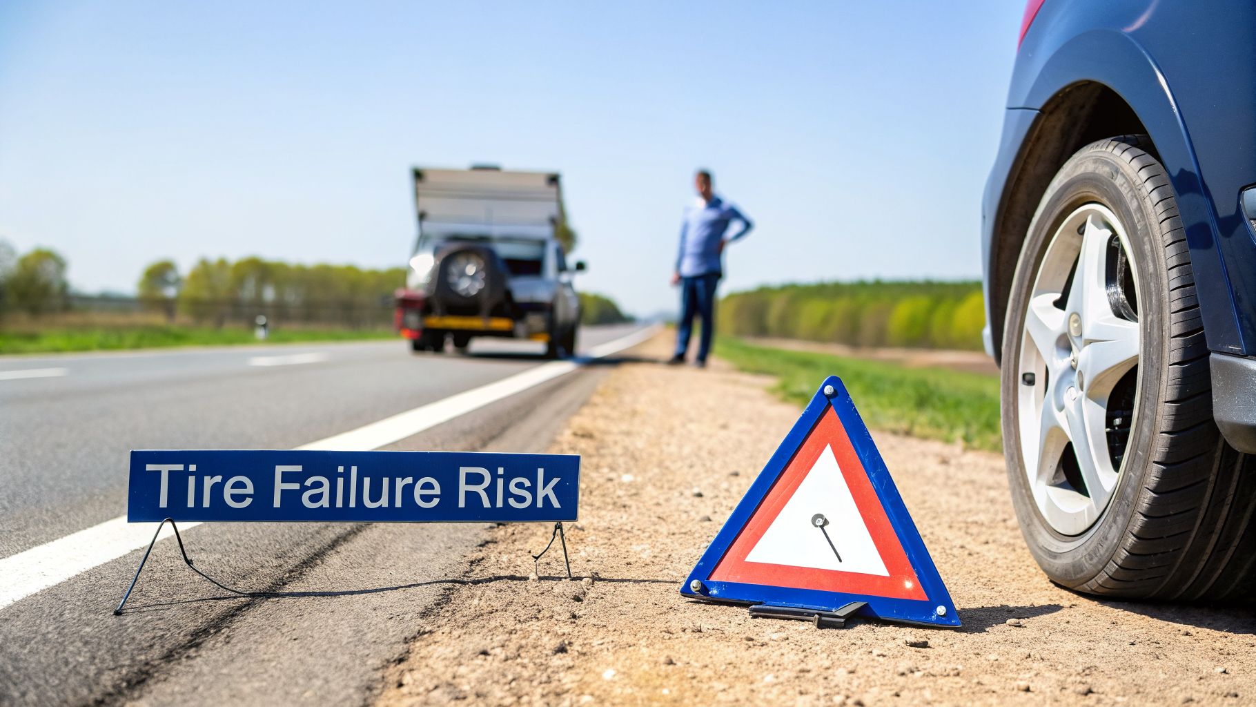 A blue car with a flat tire on a road shoulder, a warning triangle and a 'Tire Failure Risk' sign nearby.