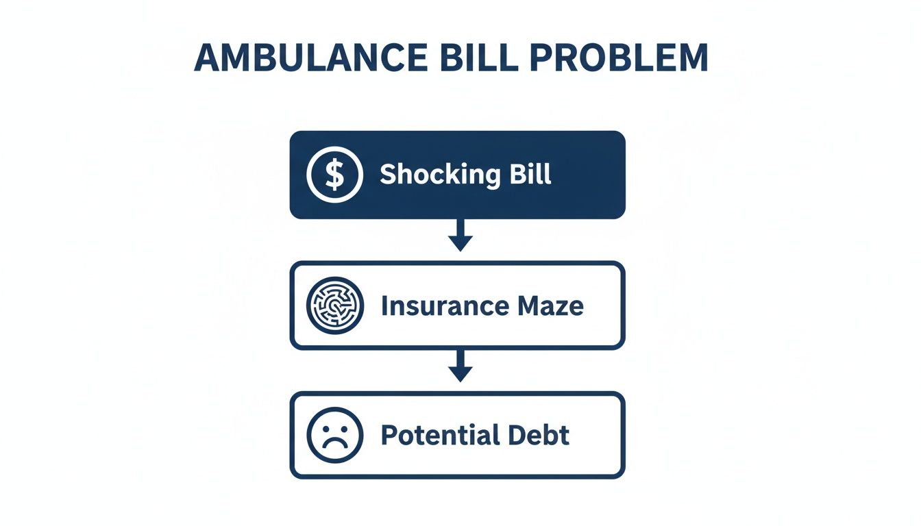 Infographic detailing the ambulance bill problem, from a shocking bill to insurance complexities and potential debt.