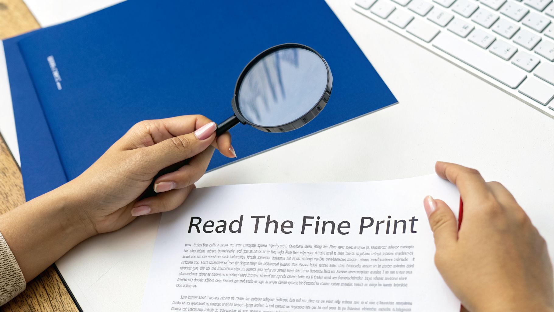 Person's hands holding a magnifying glass over a document that says "Read The Fine Print."