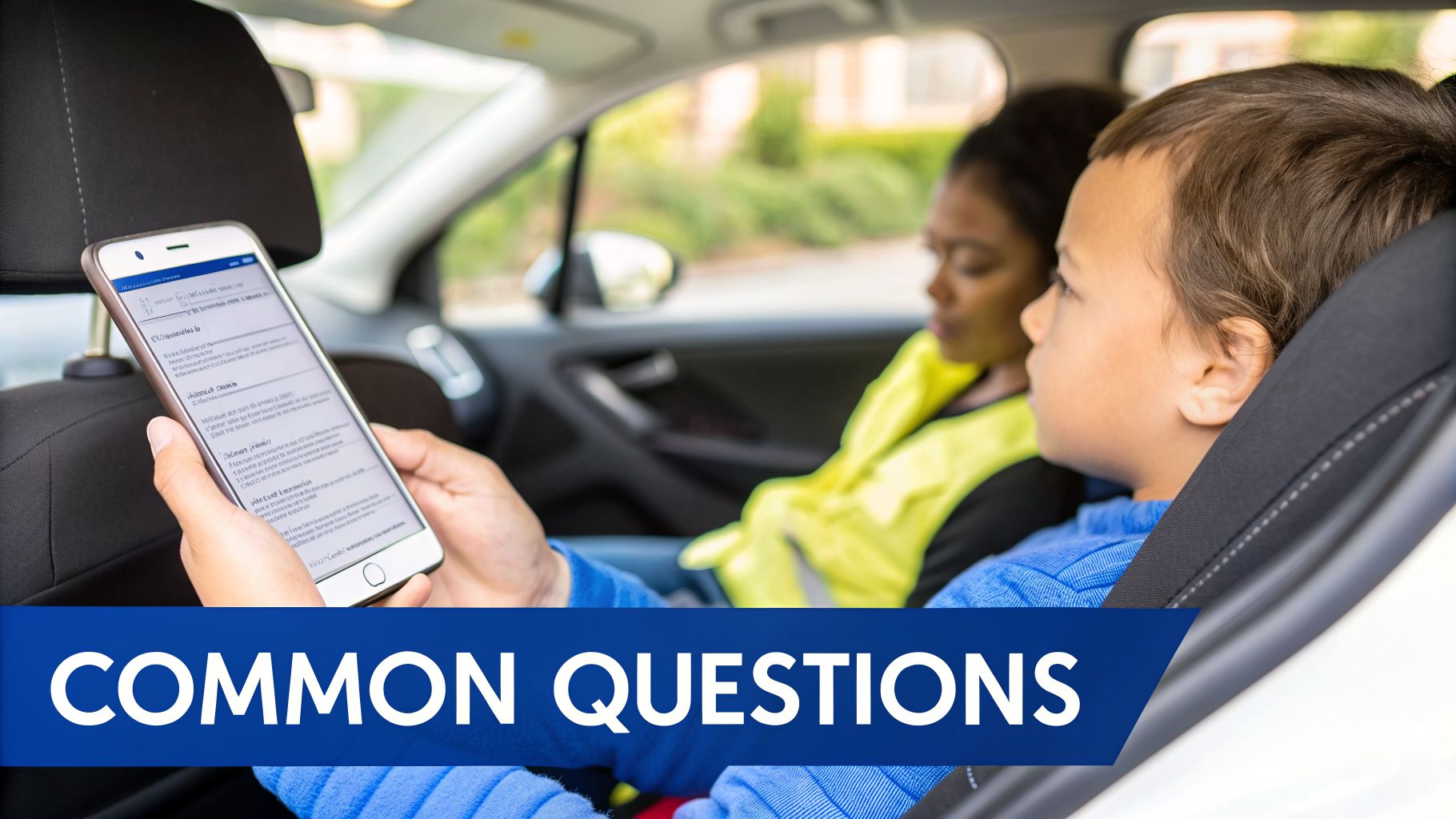 A young boy in a car seat looks at a smartphone, with an adult in a yellow vest in the background.